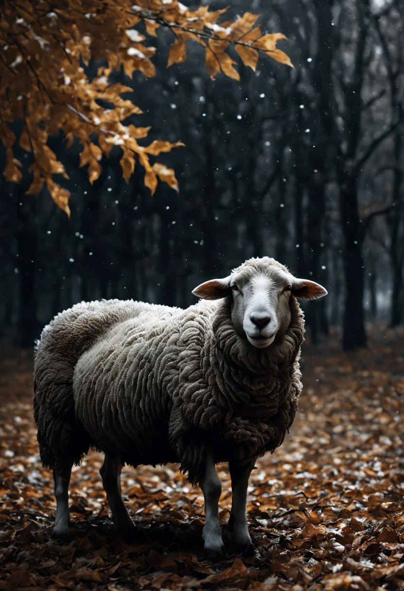 Sheep, First snow, Flakes, partial snow cover, Cinematic film still, breathtaking, falling leaves, melancholy mood, paper texture, Nature's whispered farewell in gusts of wind, photorealism, filmic grain, film still, Bokeh, intrinsically detailed, , perfect composition, beautiful, detailed, intricate, intricate octane render trend in artstation, 8K artistic photography, photorealistic concept art, smooth natural volumetric cinematic perfect light, Chiaroscuro, Award-winning photography, master piece, oil on canvas , Raphael, Caravaggio, Greg Rutkowski, Beeper, Beksinski, Giger