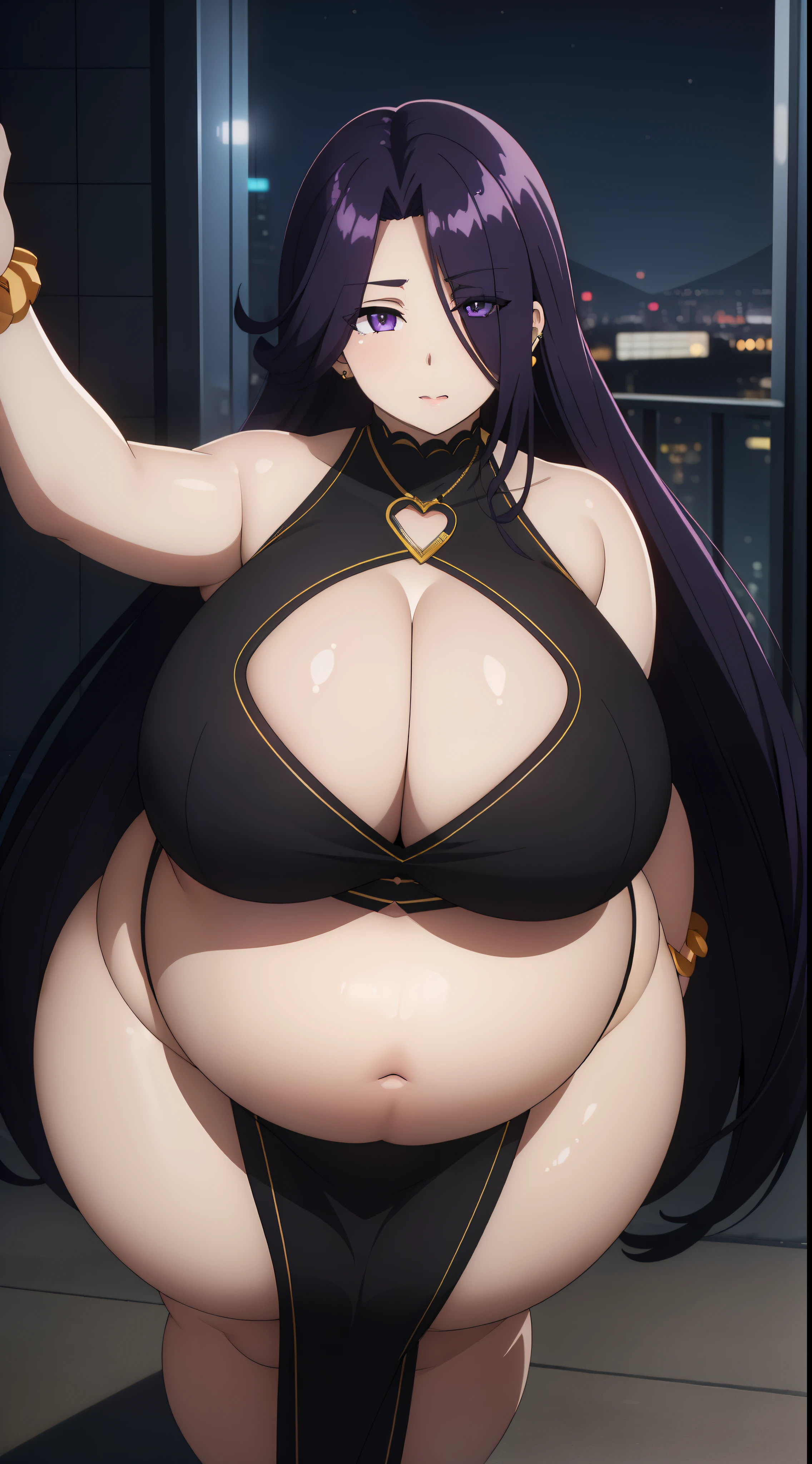 (Night:1.7), Japan, cyberpunk, CityView, Before Window,
Standing at attention,
bare_shoulders, black_dress,DEEP_cleavage, black_cleavage_cutout, depth_of_field, dress, earrings,jewelry,black_heart_cutout,
long purple hair,very_long_hair,hair_over_one_eye,
1 girl, 20yo,Young female,Beautiful Finger,Beautiful long legs,Beautiful Nose,Beautiful character design, perfect eyes, perfect face,expressive eyes,
looking at viewer, in the center of the image,(Upper_body),(close-Up),(Focus on her face),
official art,extremely detailed CG unity 8k wallpaper, perfect lighting,Colorful, Bright_Front_face_Lighting,shiny skin, 
(masterpiece:1.0),(best_quality:1.0), ultra high res,4K,ultra-detailed, chubby, ((massive tits)),she has a jiggly fat round belly, ssbbw, ((natural big body)),(((natural the biggest ass))), (((massive fat thick natural belly))), (((oversized gigantic stomach)),
photography, 8K, HDR, highres, absurdres:1.2, Kodak portra 400, film grain, blurry background, bokeh:1.2, lens flare, (vibrant_color:1.2)
(Beautiful,large_Breasts:1.4), (beautiful_face:1.5),(narrow_waist), full body