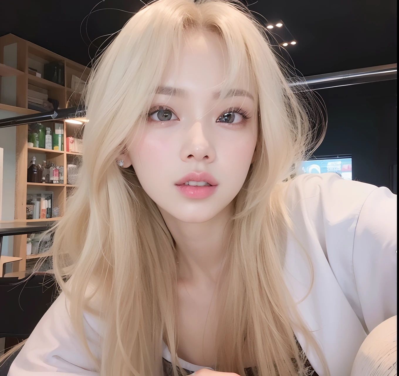 The best quality, Masterpiece, ultra high resolution, (photorealistic:1.4), raw photo, 1 girl, Korean, long hair, pale skin, Half body, Blonde,