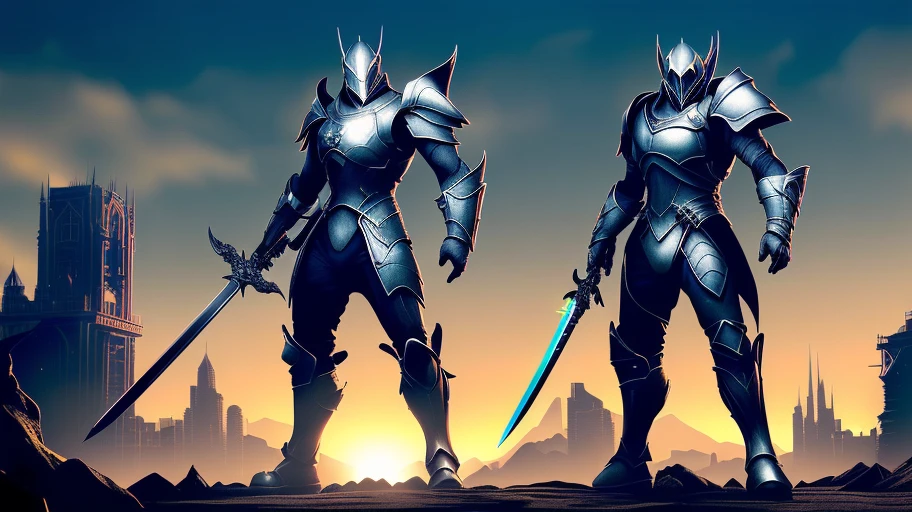 Create a silver knight that has a unique sword similar to Warframe umbra weapons, The silver knight is staring over a futuristic city and a set of world guards are behind that Royal night, for a 4k, 8K, masterpiece,