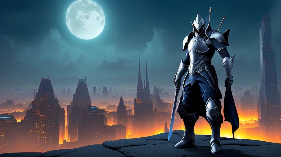 Create a silver knight that has a unique sword similar to Warframe umbra weapons, The silver knight is staring over a futuristic city and a set of world guards are behind that Royal night, for a 4k, 8K, masterpiece,