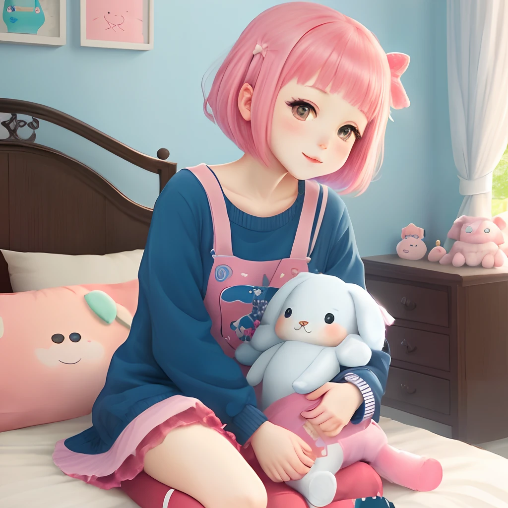 high quality, girl, body, knee high, blue and pinkhair, shorthair, bed, kawaii,henta1