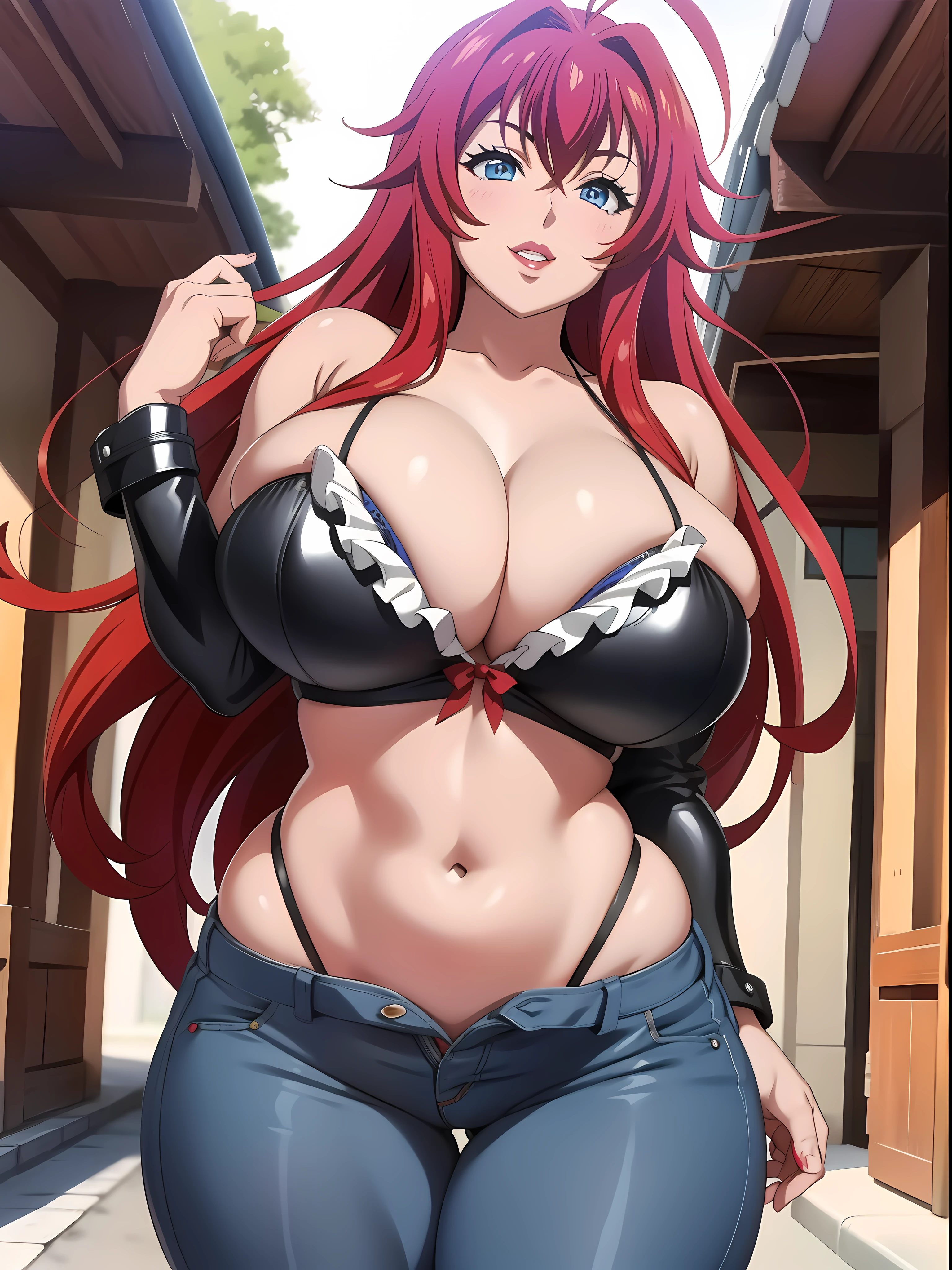 Highschool dxd, Rias Gremory, 1girl, (((bimbo))), blue eyes, puffy lips, painted lips, thick lips, wide hips, thick thighs, big breast, huge ass, revealing cleavage, erotic, smile face, bubble butt, camel toe, hitomi Tanaka breasts, , huge breasts, blue jeans, white bra, black leather jacket, posing, hand signs,