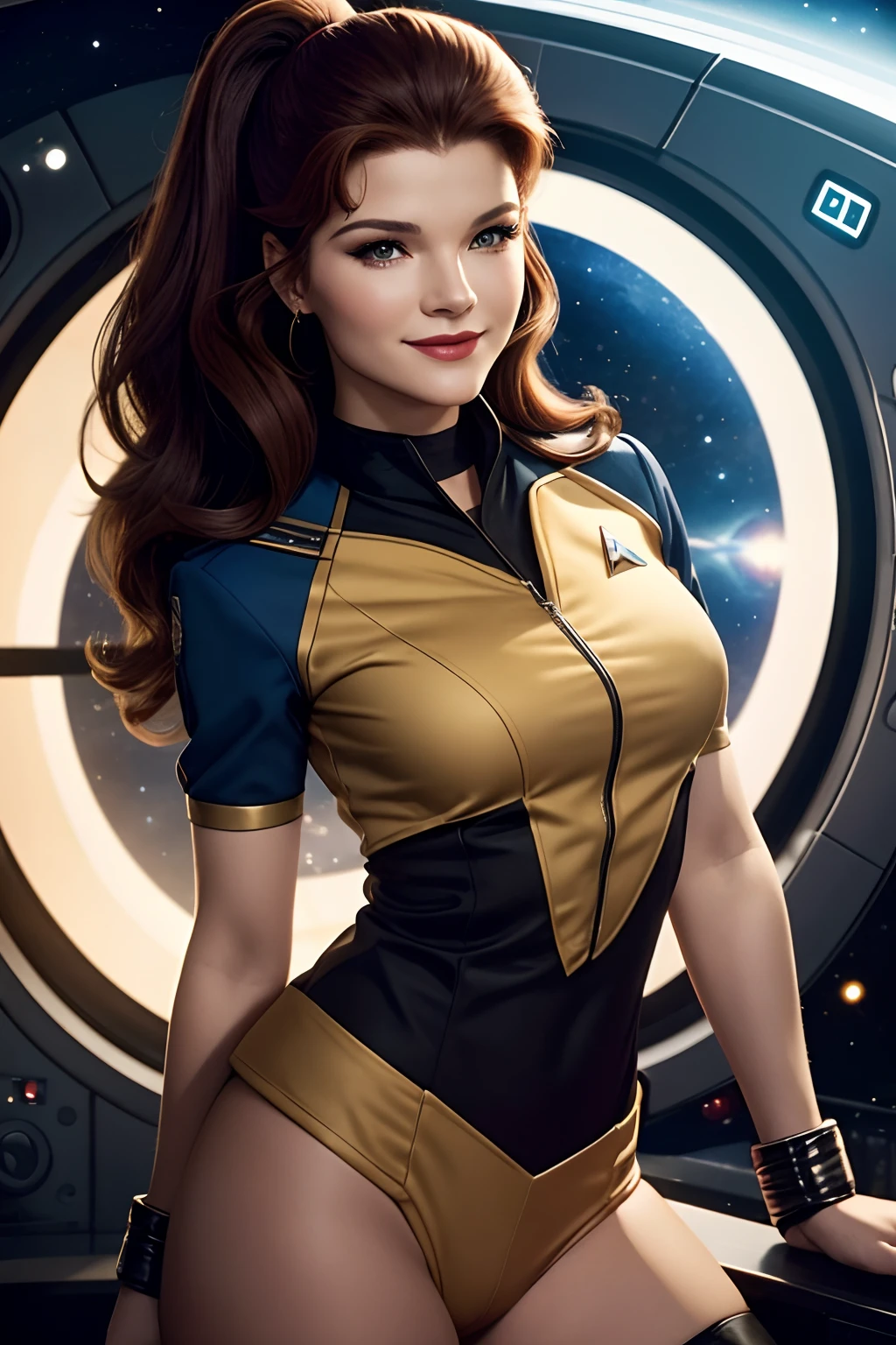 a 20 year old sexy space babe, beautiful captain Janeway with long luscious brown hair, eyeliner, lipstick, eyeshadow, flirty smile, cute glint in her eye, youthful enthusiasm, on the bridge of the enterprise, wearing a tng uniform, refined face detail,