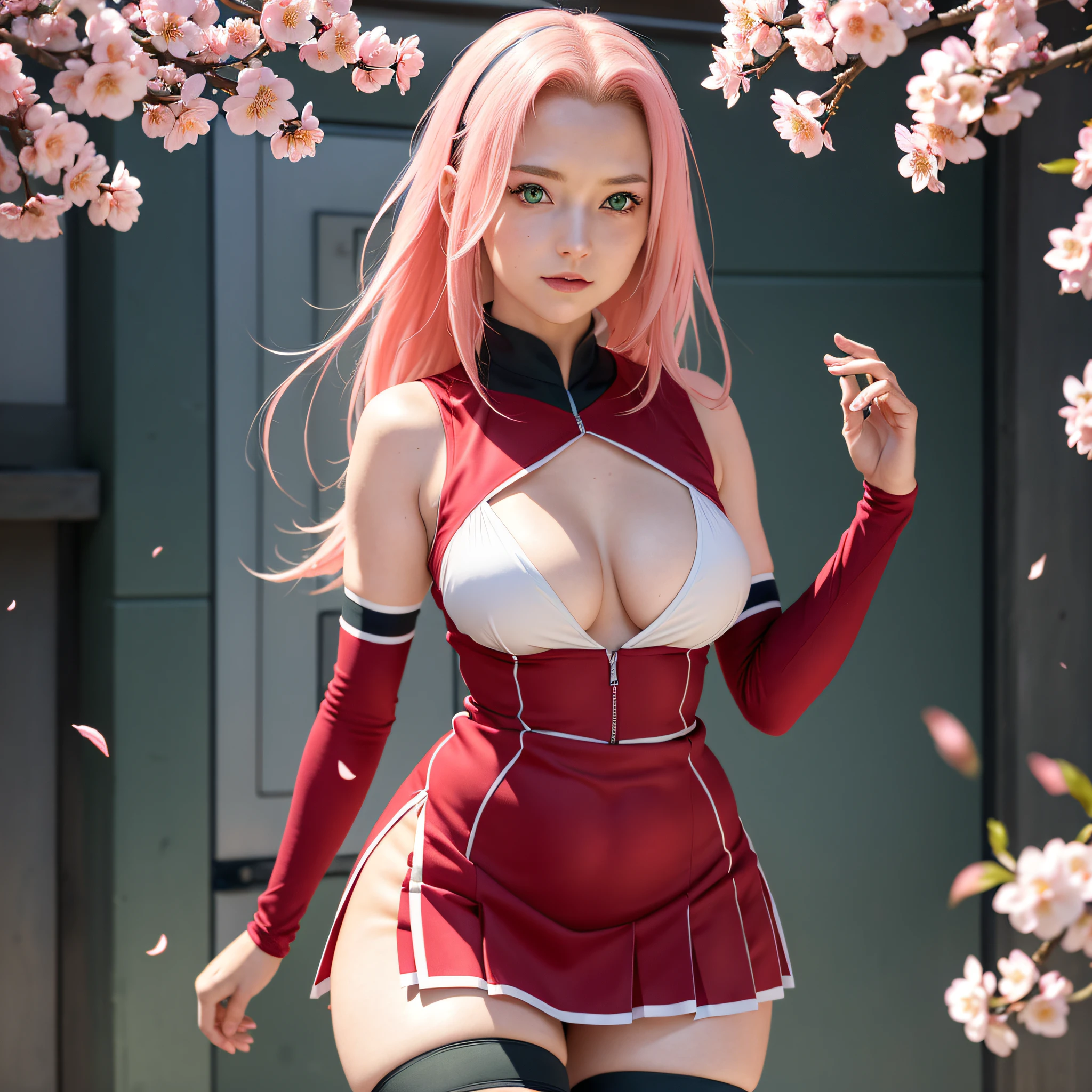 tmasterpiece， Best quality in the best， 1girll， Sakura Haruno，Erwachsene, big boobs，schulterfreie Kleidung，（Spaltung)，（upper body close-up)，Sexy erzogen，is shy，missmutig，mit rosa Haaren， lange rosa haare， （green eyes:1.4)， Stirnschutz， The cherry trees，Flying cherry blossoms,pleated skirt, clenched breasts,Breasts fall out,man kann ihre nippel sehen,nippel gucken raus,,sex , (((full body shot))), Large breasts, wide hips, thick thighs, slim waist, thigh high socks