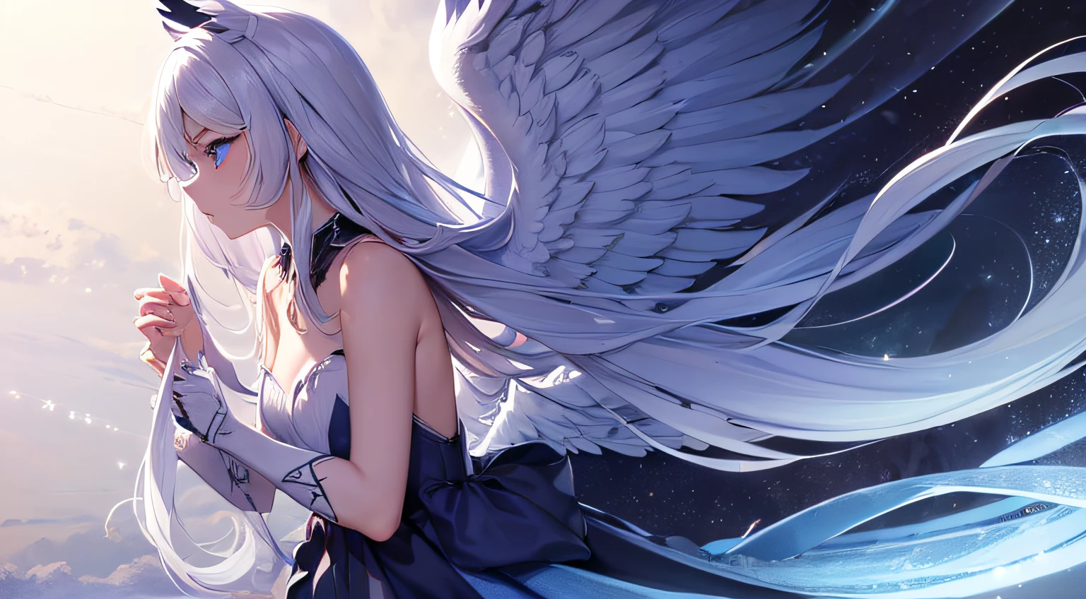 ,(Masterpiece:1.2),(perfects eyes:1.4) ,(Perfect limbs:1.5),(solo person:2)Best anime 4k,Best quality ,(looks away:2.1),(s girl:1.2),(Close-up of the side faces of the characters:1.3),(The proportion of characters is small:1.1),(The figure stands:1.5),(Half angel wings:1.3),(Half bat wings:1.3),(heterochromatic eyes:1.5),Wrap a bandage around your arm,Gorgeous clothes,long skirt,heroes,Epic fantasy,Majesty,icy