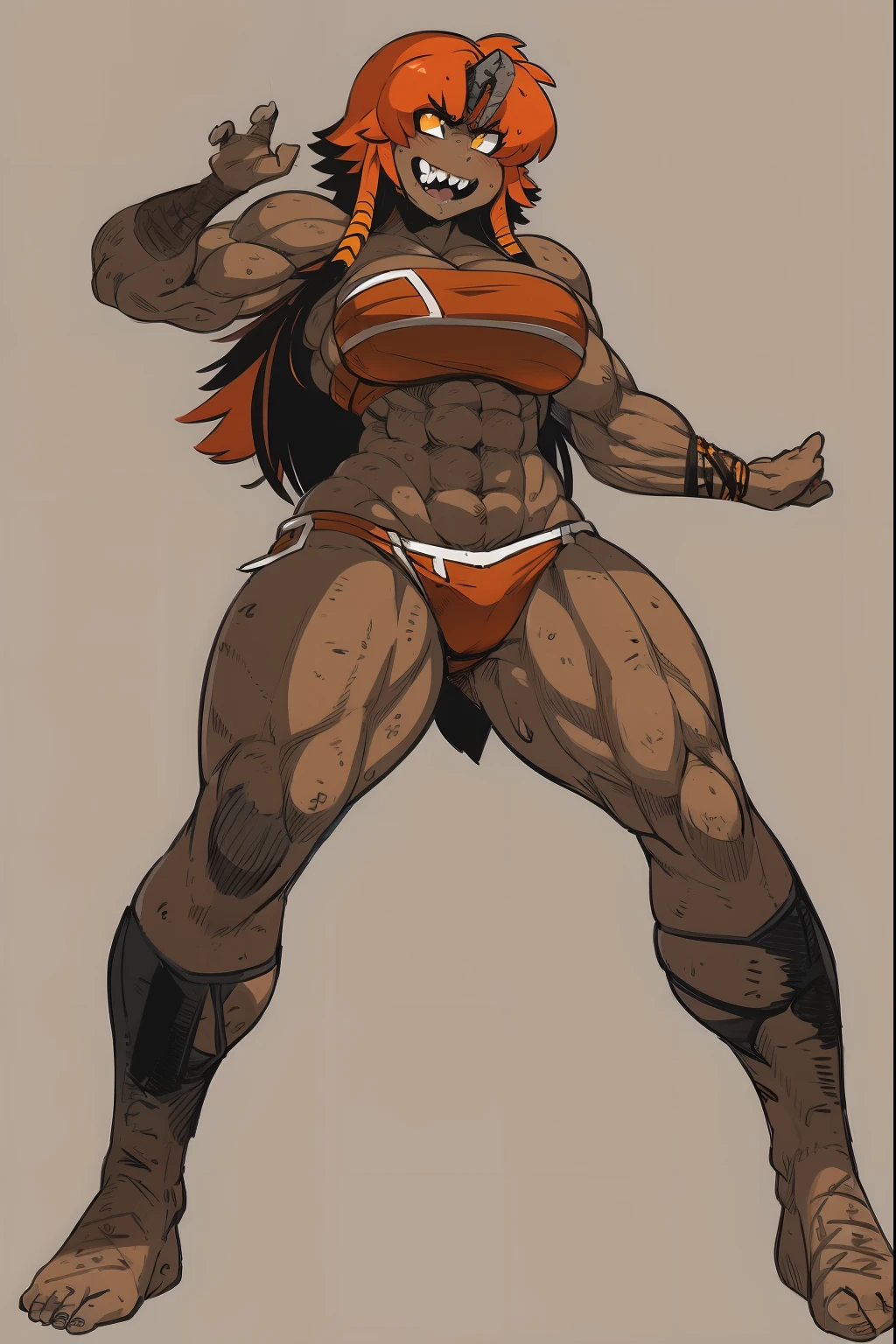 best quality, masterpiece, best shadows, black and orange hair, dark skin,,standing, full body, big breast, musclegirl, barbarian revealing cloths, , smile,#fashion design #warrior #woman #armor #clothing Trigger Words: barbarian_woman armor, smile open mouth, full body, standing, feet, sharpteeth