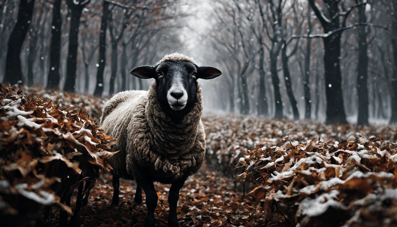 Sheep, First snow, Flakes, partial snow cover, Cinematic film still, breathtaking, falling leaves, melancholy mood, paper texture, Nature's whispered farewell in gusts of wind, photorealism, filmic grain, film still, Bokeh, intrinsically detailed, , perfect composition, beautiful, detailed, intricate, intricate octane render trend in artstation, 8K artistic photography, photorealistic concept art, smooth natural volumetric cinematic perfect light, Chiaroscuro, Award-winning photography, master piece, oil on canvas , Raphael, Caravaggio, Greg Rutkowski, Beeper, Beksinski, Giger