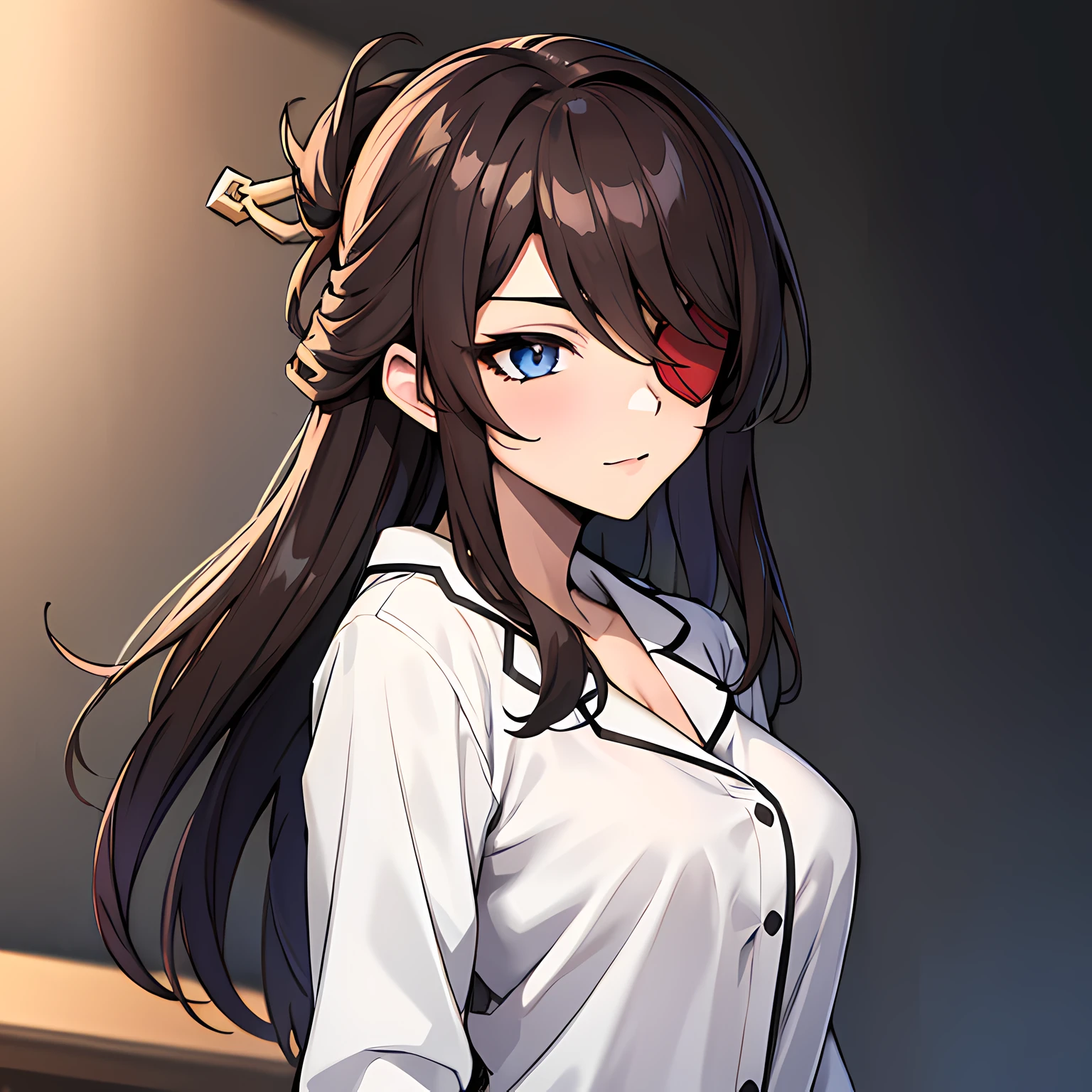 (absurdres, 8k, 4k, masterpiece, hyper extreme detailed:1.2), solo, 1girl, front view portrait, best quality, expressive eyes, perfect face, 1girl, portrait, solo, Female, mature female, adult, brown hair, eyepatch, long hair, pirate, cool, confident, perfect anatomy, messy hair, wild hair, bedroom background, night time, night sky, cowboy shot, half body, perfect anatomy, flowing hair, windy hair, wind, beidoudef, beidournd, sleep wear, pajamas, sleeping clothes, bathroom background, front view, looking forward, closed mouth, confused, hand to head, head tilt, sleeping clothes, long sleeve shirt, large bust, white shirt, sleepwear, slumberwear