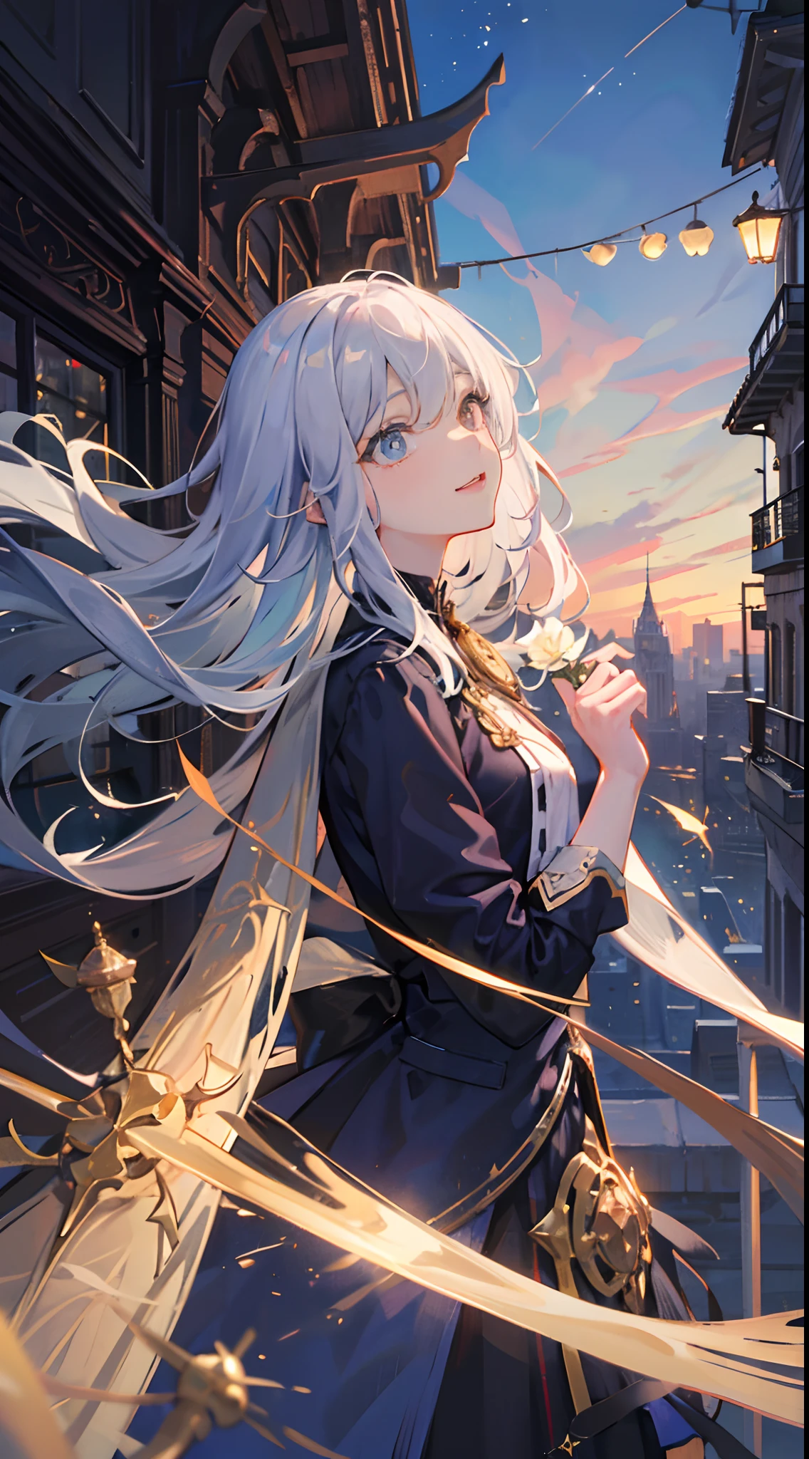 Many islands interconnected by bridges々々々々々々々々々々々Suspended in the air、Many small airships are flying around、Floating city、A magical plant grows、Extreme details、Realistic light、Magnificent composition、(intricate-detail)、(intricate designs、ultra-detailliert:1.2)、art  stations、(​masterpiece、top-quality)、concept-art, Ulutra HD、32K , Faraway view、landscapes、Outrageous resolution、发光、Magical Futuristic City、cyberpunked, A building surrounded by greenery, Clear the blue sky、lots of bright stars々、beautiful  lighting、clear lighting、Soft lighting、Many bright magic lights、Stars falling from the sky,Meteor swarm、a beauty girl、​master piece, silber hair, krystal, Meteor swarm, Classy silver hairstyles、Beautifully detailed face and eyes、finely detailed  eyes and detailed face、intricate-detail, Heterochromia, look up sky, City in the Sky, Holding a bouquet of flowers in your hands, Ergonomically correct depiction of five fingers, Delicate smile --v 6