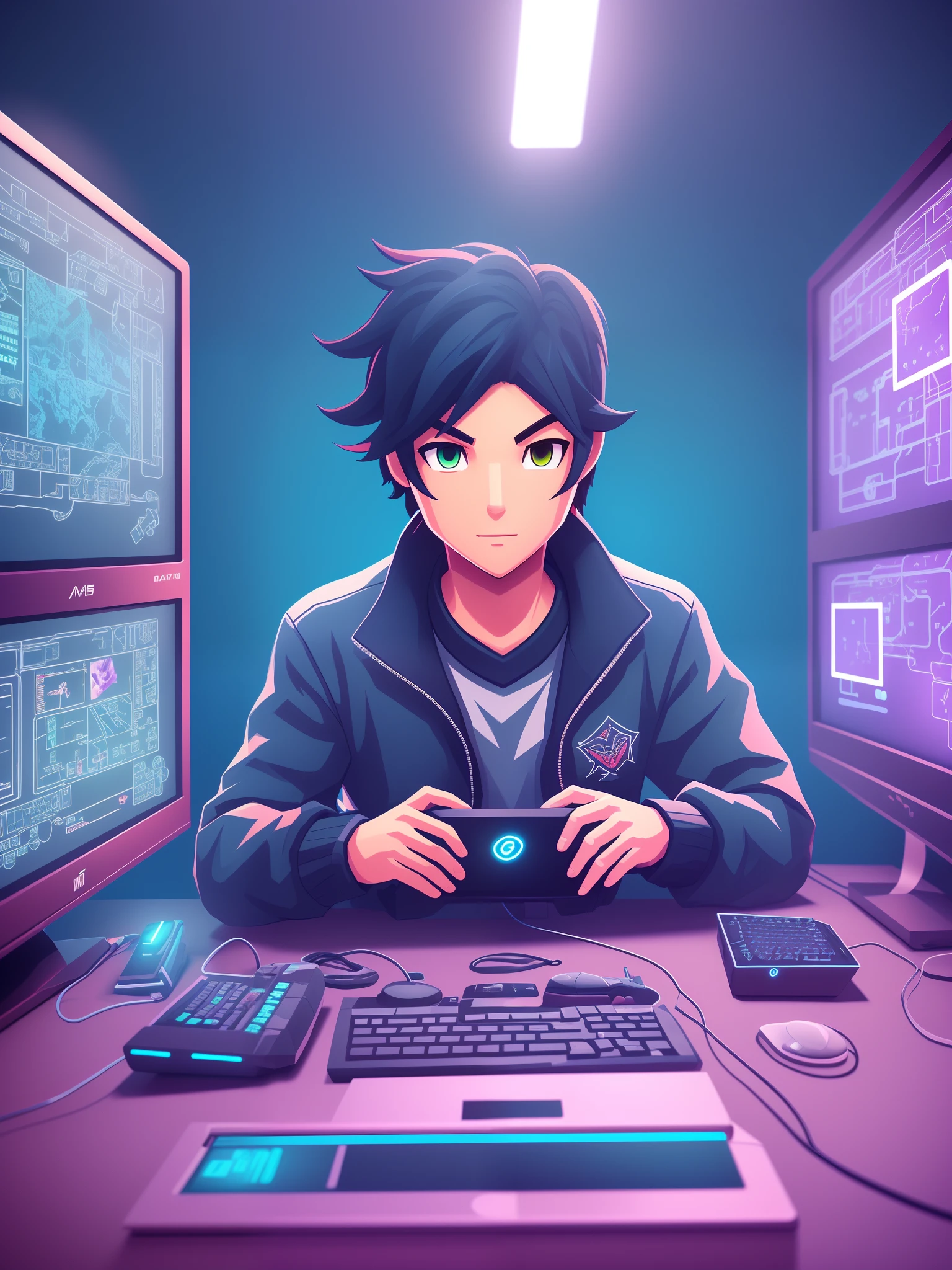 Avatar image for game developer boy who make games on pc in pixel style neon blue near image 8k --auto --s2
