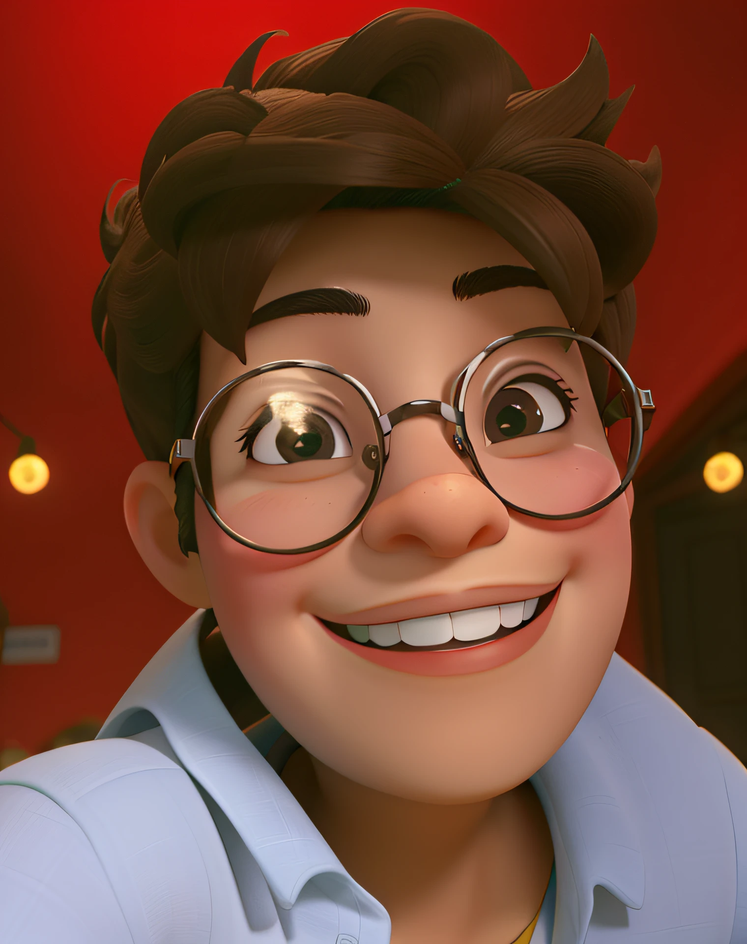 uma pessoa sorrindo, wearing round glasses, cabelos curtos na laterais e cacheado em cima