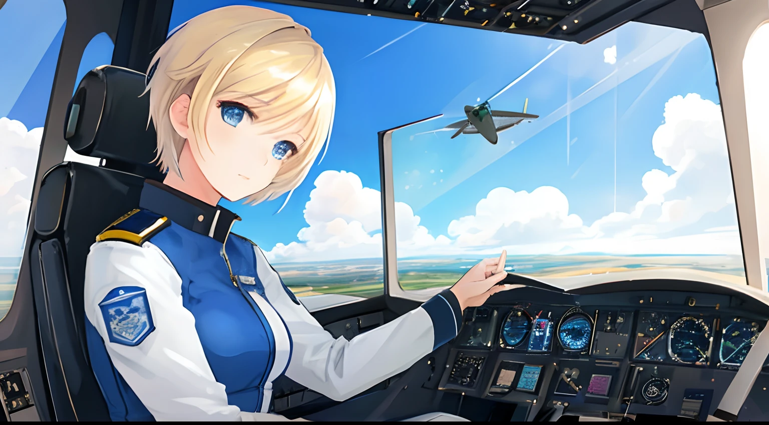 the beautiful woman in a pilot outfit has a view of the sky, 1girl, solo, blonde hair, aircraft, airplane, cockpit, short hair, sitting, blue eyes, looking at viewer, cloud, realistic