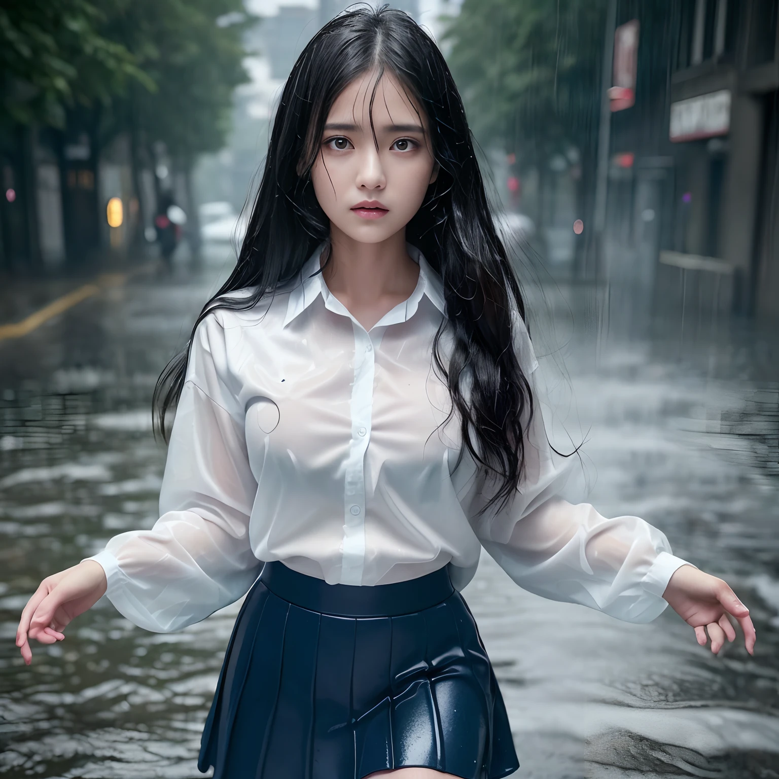 ((Best Quality, masutepiece, 超A high resolution、The most complex and detailed depictions)),1 girl、((Uniforms covered in water all over the body))、((Alone in the city))、face that seems to cry、terrified expression、((The most realistic rain and water droplets))、((One giant lightning bolt))、((Very heavy rain))、((Ōlan))、Fallen trees and debris in the background、((Wet white uniform shirt))、((She's unbelievably drenched))、((Real rain))、The perfect texture of a wet shirt、((Very intense realistic rain))、The perfect texture for wet hair、((Drenched hair))、Wet hair sticks to the face、((very wet hair))、((wet and disheveled hair))、((Uniforms soaked all over))、The skin is faintly visible from the top of the clothes、Wet and see-through skin、((Perfect texture down to the smallest detail of wet clothes))、Countless water droplets adhere to the body、((Underwear that can be seen through the top of clothes))、((Perfectly expresses the texture of soaked hair))、Wet and shiny hair、((Wearing a dark blue wet skirt))、it is raining heavily、((Very complex and realistic lightning))、a dark night、feeling of despair、perfect anatomia、Looking at the camera、She looks up at me、Sad face、Face of fear、Looks cold、The Extreme Look of Fear、Lightning flashes、drenching、Ōlan