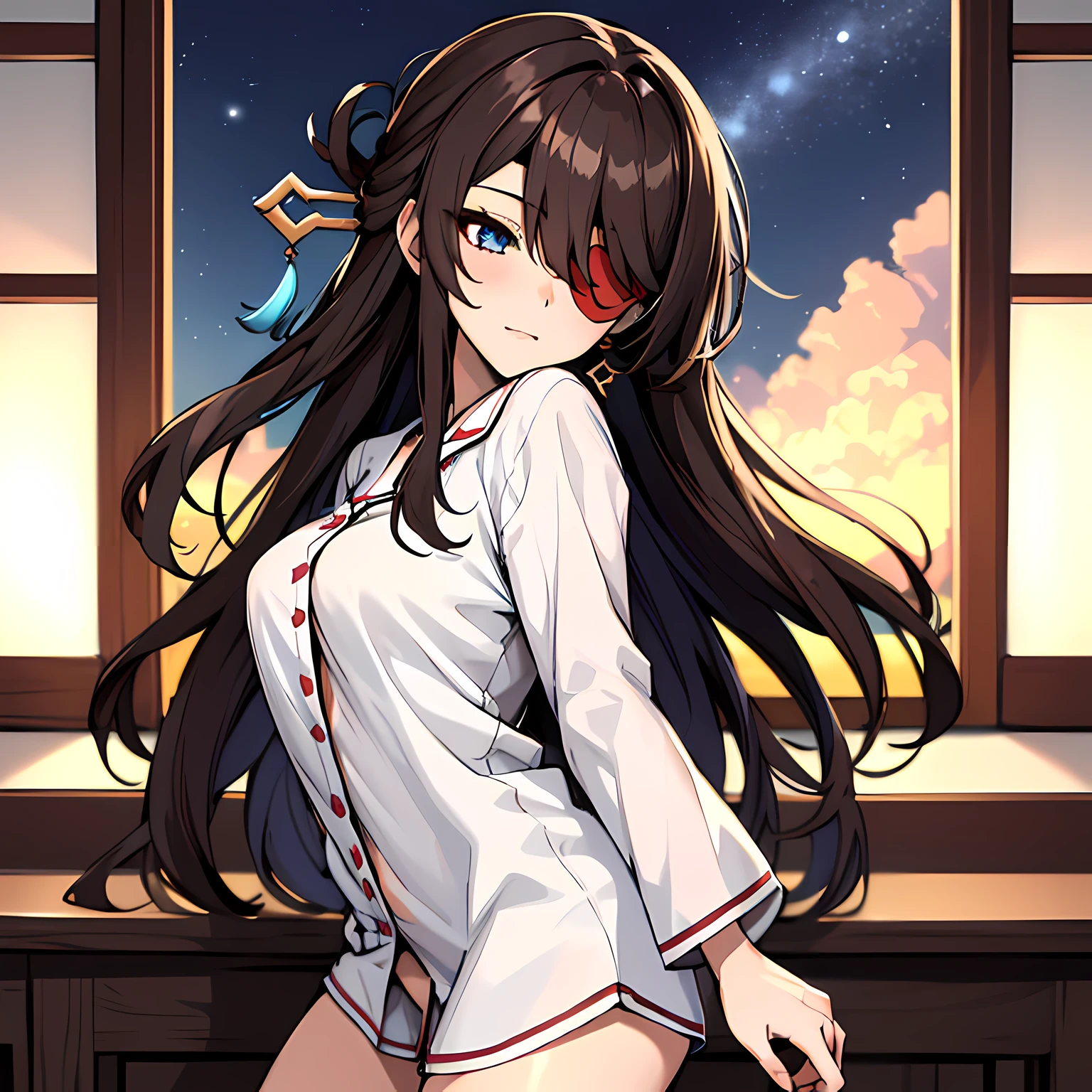 (absurdres, 8k, 4k, masterpiece, hyper extreme detailed:1.2), solo, 1girl, front view portrait, best quality, expressive eyes, perfect face, 1girl, portrait, solo, Female, mature female, adult, brown hair, eyepatch, long hair, pirate, cool, confident, perfect anatomy, messy hair, wild hair, bedroom background, night time, night sky, cowboy shot, half body, perfect anatomy, flowing hair, windy hair, wind, beidoudef, beidournd, sleep wear, pajamas, sleeping clothes, bathroom background, front view, looking forward, closed mouth, confused, hand to head, head tilt, sleeping clothes, long sleeve shirt, large bust, white shirt, sleepwear, slumberwear