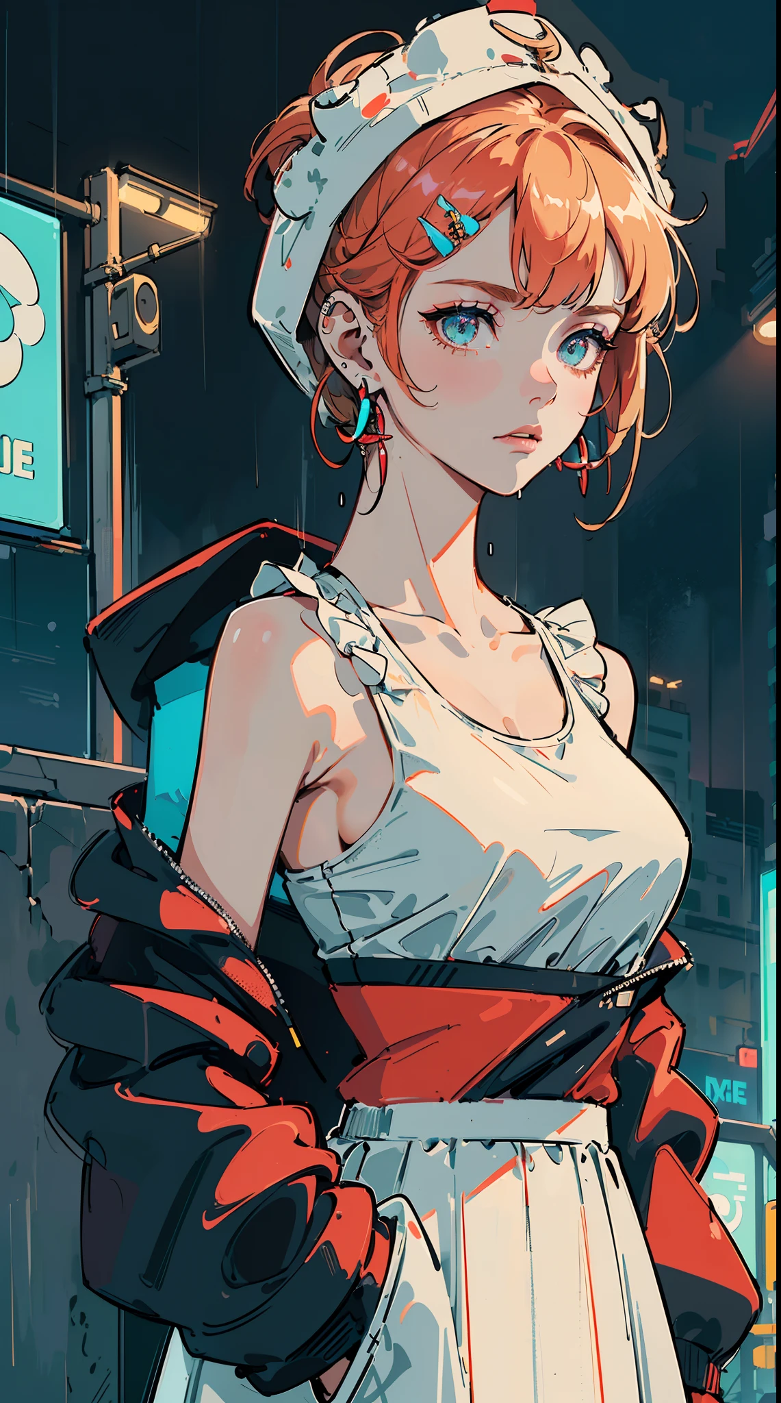 ((((sports bra,animal hood,))))((hands in pockets,))(Masterpiece illustration,Beautiful and aesthetic:1.2,aim to viewers), Best quality,Top quality, Epic quality,((((rainy night in a cyberpunk city with glowing neon lights,outdoor,))))(moonlight,moon glare, god light,at night,upper upper shot,focus on face,))Neat face,underage,mature,Beautiful detailed hair,blonde hair,hyper HD, retinas, Textured skin, A high resolution, 16k ,((hairclip,steep bangs,sidelocks,short hair,Large bow on hair)),Detailed face, 1JK, lady,Solo, Perfect face, Very amazing girl,((off shoulder,puffs sleeves,red streaked white trace shirt,frills,ta dress,metal earrings,spiral earrings)),rim-light