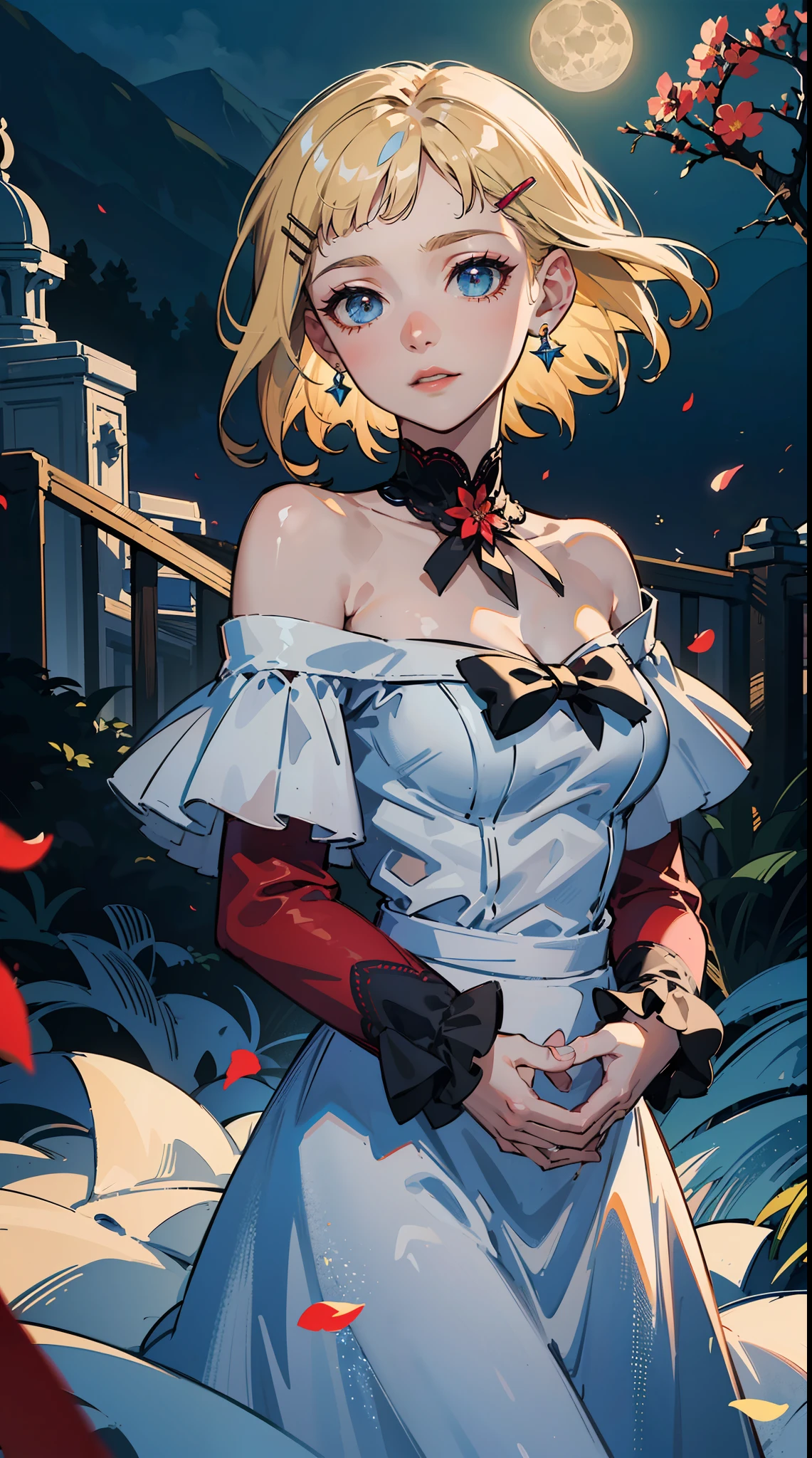 ((((carrying flower,Finger sleeves,))))((hands in pockets,))(Masterpiece illustration,Beautiful and aesthetic:1.2,aim to viewers), Best quality,Top quality, Epic quality,((((valley,outdoor,))))(moonlight,moon glare, god light,at night,upper upper shot,focus on face,))Neat face,underage,mature,Beautiful detailed hair,blonde hair,hyper HD, retinas, Textured skin, A high resolution, 16k ,((hairclip,steep bangs,sidelocks,short hair,Large bow on hair)),Detailed face, 1JK, lady,Solo, Perfect face, Very amazing girl,((off shoulder,puffs sleeves,red streaked white trace shirt,frills,lolita dress,metal earrings,spiral earrings)),rim-light