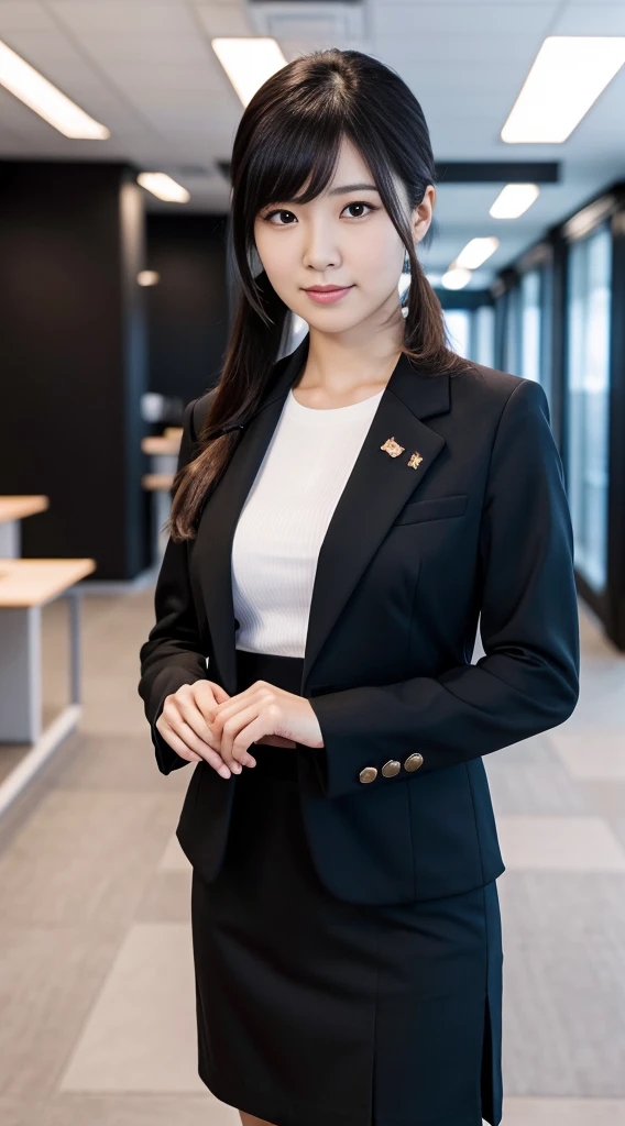 masterpiece, Best Quality, High quality,ultra-quality, 8K Portrait, unity 8k wallpaper, insanely detailed face,A Japanese Lady,20~40 years old,new employee ,huge-breasted ,twintail, (Black Business Suit tight Skirt),frontage,full body shot, IT Office