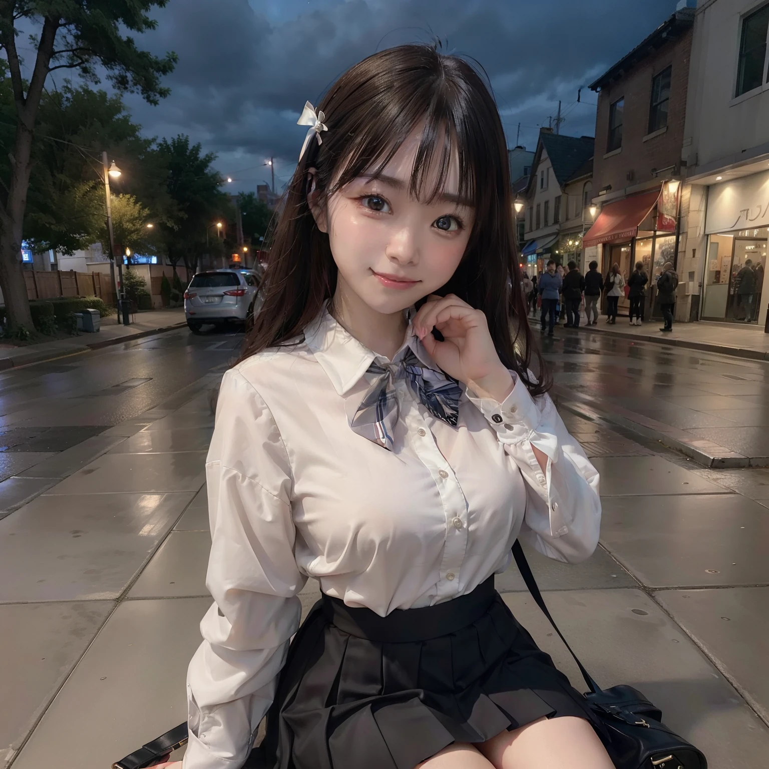 There is a woman who is on the street with a bag, Ulzzang, (8k, RAW photo, best quality, masterpiece: 1.2), (realistic, photo-realistic: 1.37), ultra-detailed, 1 girl, beautiful, solo, beautiful detailed sky, detailed coffee, night, sitting, dating, (flushed nose), (smile: 1.1), (closed mouth), medium breasts, beautiful detailed eyes, (collared shirt: 1.1), bow tie, pleated skirt,