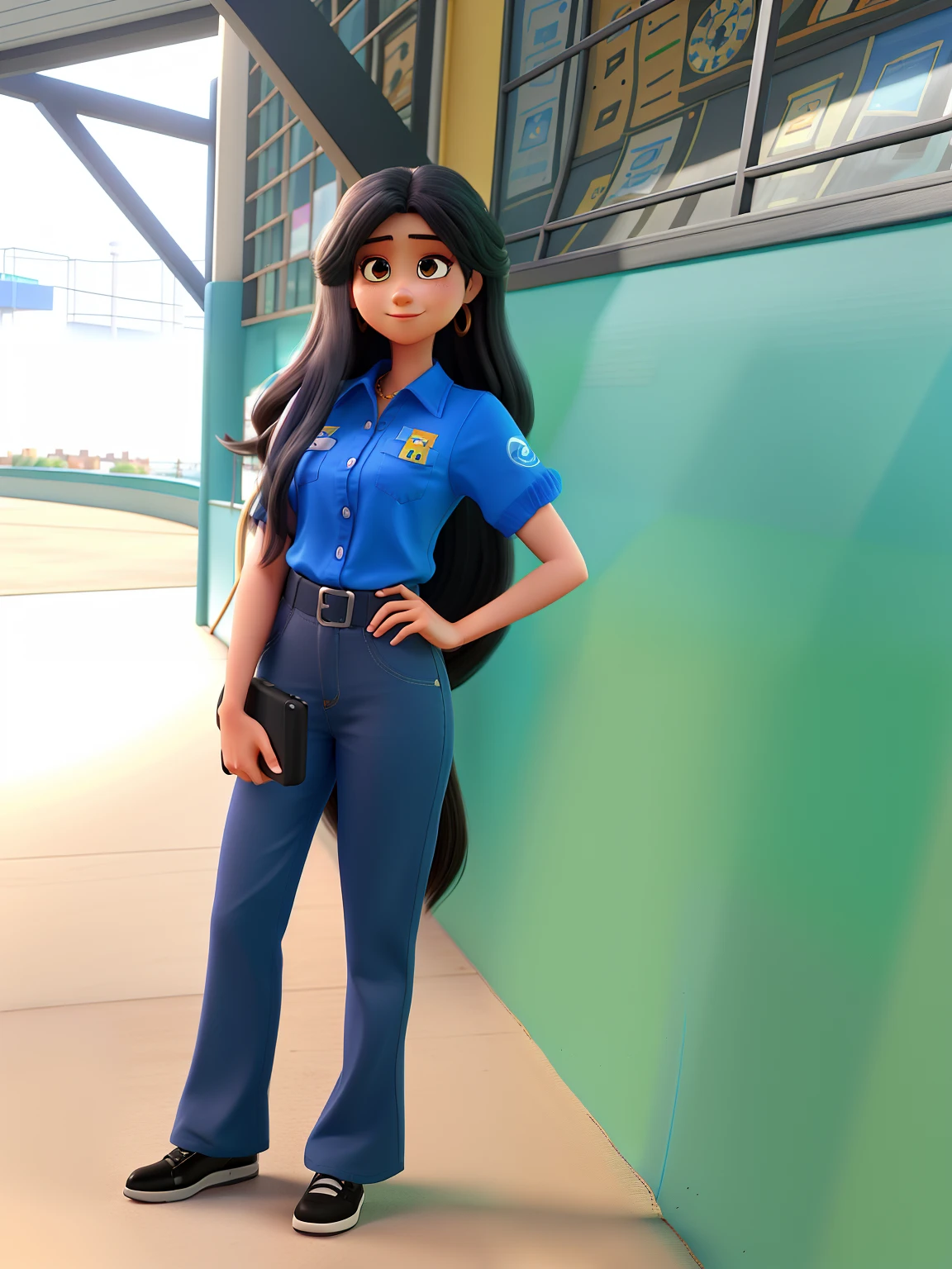 Desenho em estilo 3D da Pixar de uma mulher de 23 anos, Long-haired dark and dark-eyed Brazilian woman wearing a blue dress blouse and black wideleg pants holding an iPhone in her hand, In front of a blue building in the city with a character in the foreground