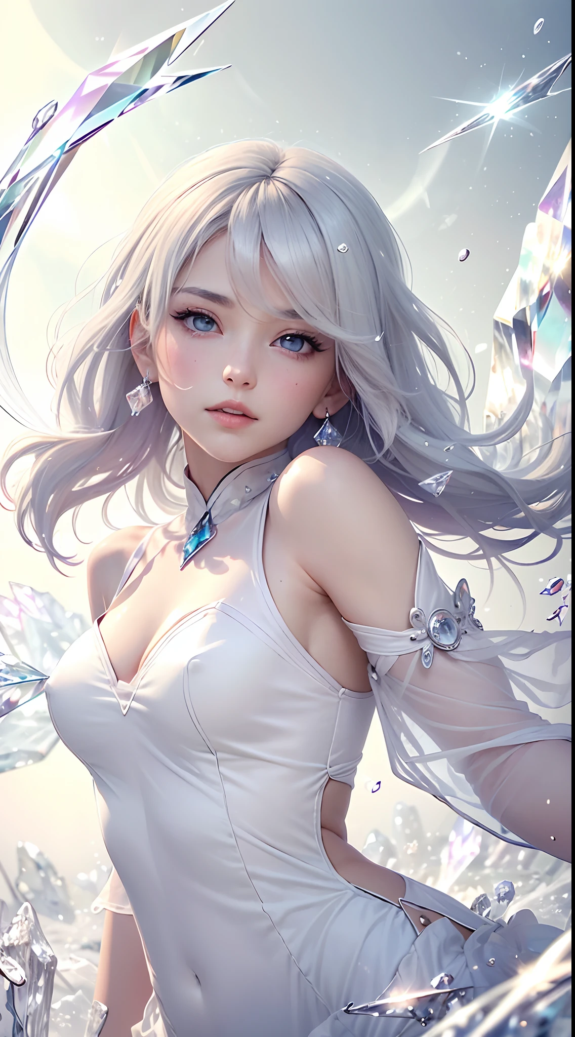 (Ta girl trapped inside a hexagonal crystals)
One girl who will be a model for a magazine、
(masutepiece, of the highest quality, best, Official art, Beautiful and aesthetic, Long exposure: 1.2), Smooth movement, Charming Patterns, 1 girl, Smile optimized for a toothless mouth, (Long Skirt with Sleeves: 1.3), (((White clothes))), Upper body close-up, No Shoulders, Chinese girl, blush, Black lob hair, Portrait, Solo, Upper body, gaze observer, Detailed background, Detailed face, (crystallineAI, Crystalline Theme:1.1), Elemental Wind Sprite, Spinning wind, Control Wind, White crystal clothes, Dynamic Pose, Floating particles, Ethereal Power, Whirlwind, steams, Whirlwind in the background, White tone, Whirlwind, Ethereal Atmosphere,