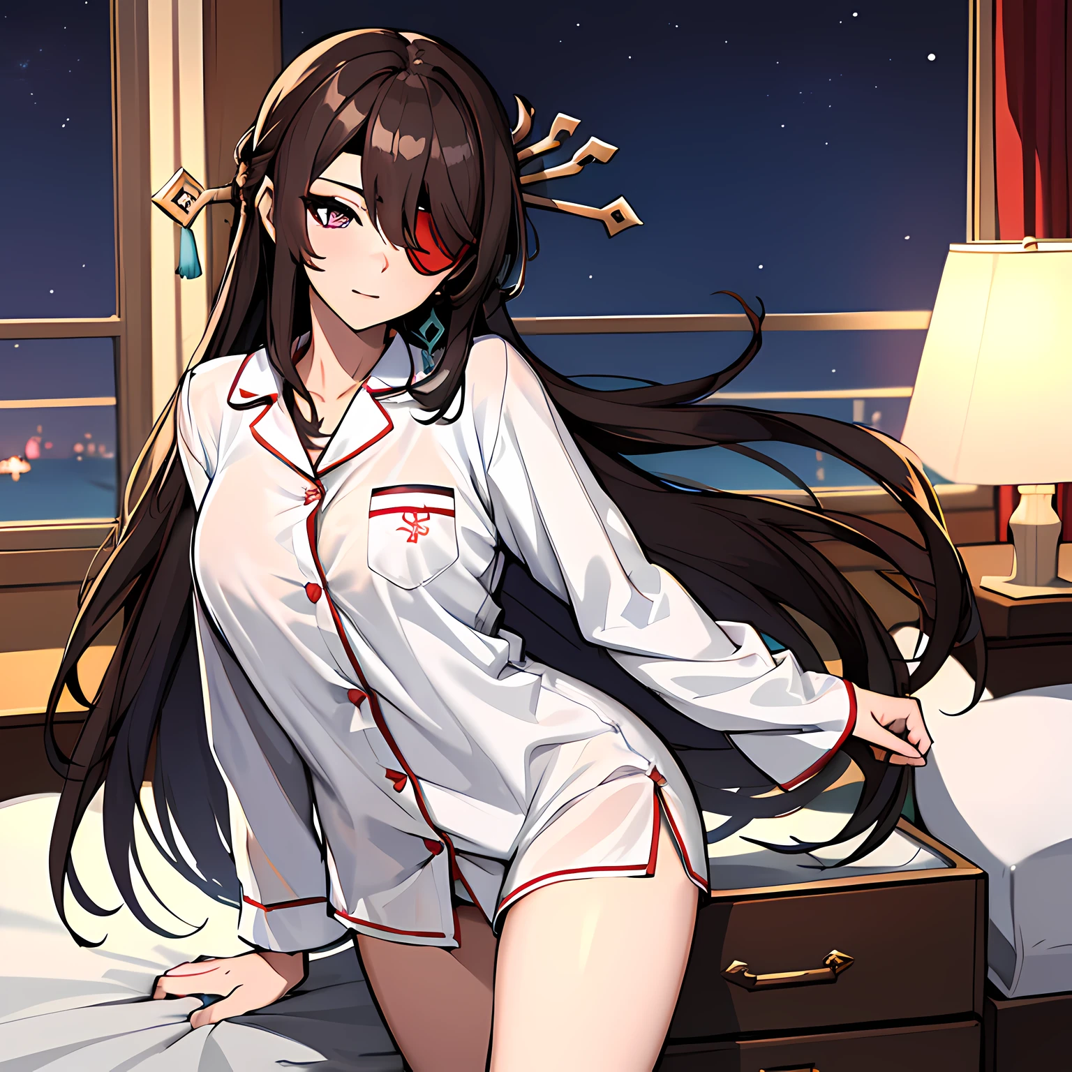 (absurdres, 8k, 4k, masterpiece, hyper extreme detailed:1.2), solo, 1girl, front view portrait, best quality, expressive eyes, perfect face, 1girl, portrait, solo, Female, mature female, adult, brown hair, eyepatch, long hair, pirate, cool, confident, perfect anatomy, bedroom background, night time, night sky, cowboy shot, full body, perfect anatomy, beidoudef, beidournd, sleep wear, pajamas, sleeping clothes, front view, looking forward, closed mouth, confused, hand to head, head tilt, sleeping clothes, long sleeve shirt, large bust, white shirt, sleepwear, slumberwear