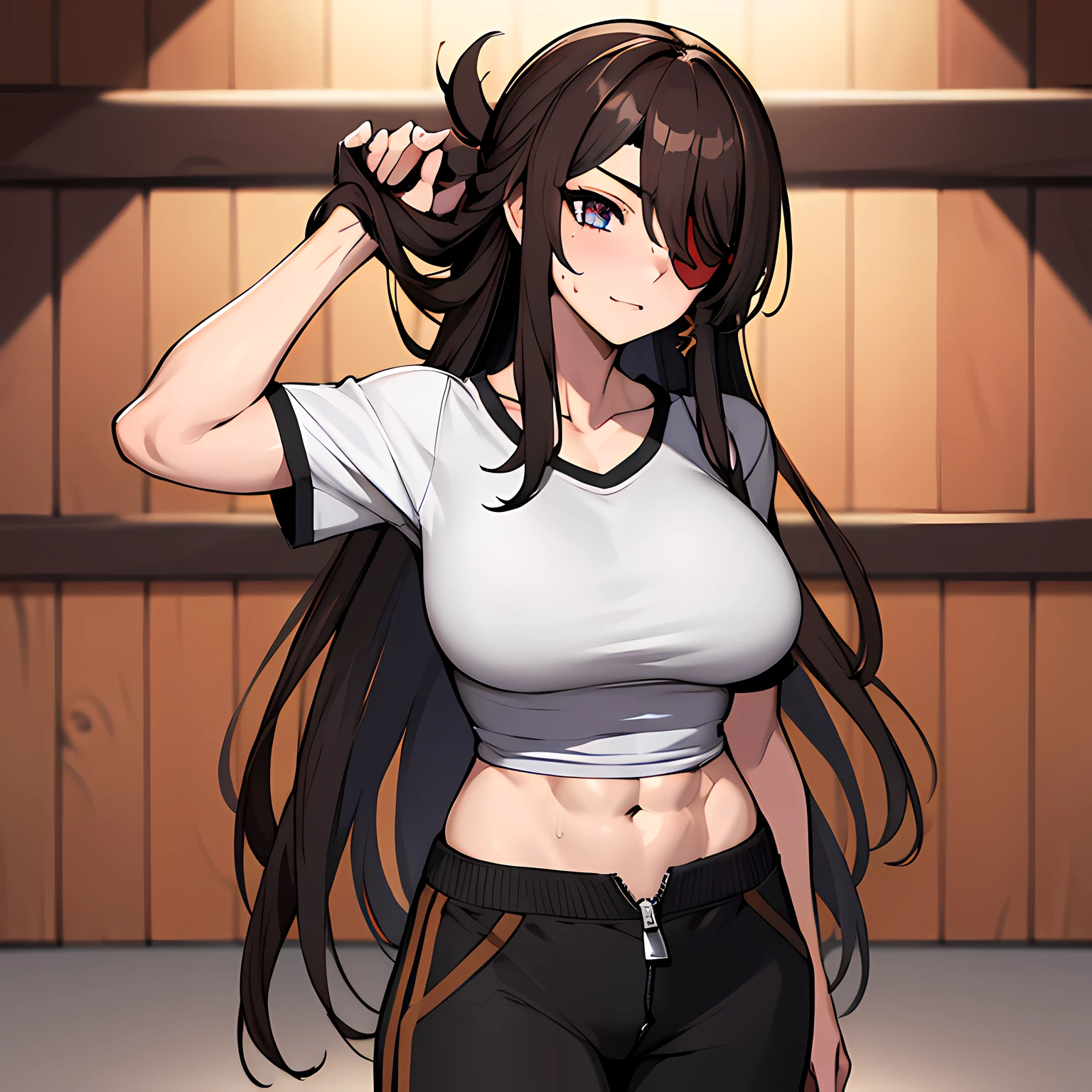 (absurdres, 8k, 4k, masterpiece, hyper extreme detailed:1.2), solo, 1girl, front view portrait, best quality, expressive eyes, perfect face, 1girl, portrait, solo, Female, mature female, adult, brown hair, eyepatch, long hair, pirate, perfect anatomy, messy hair, cowboy shot, full body, perfect anatomy, flowing hair, beidoudef, beidournd, casual wear, t-shirt, sweatpants, front view, looking forward, confused, head tilt, toned body, muscular, athletic, flexible, strong, grey unzipped jacket, large bust,