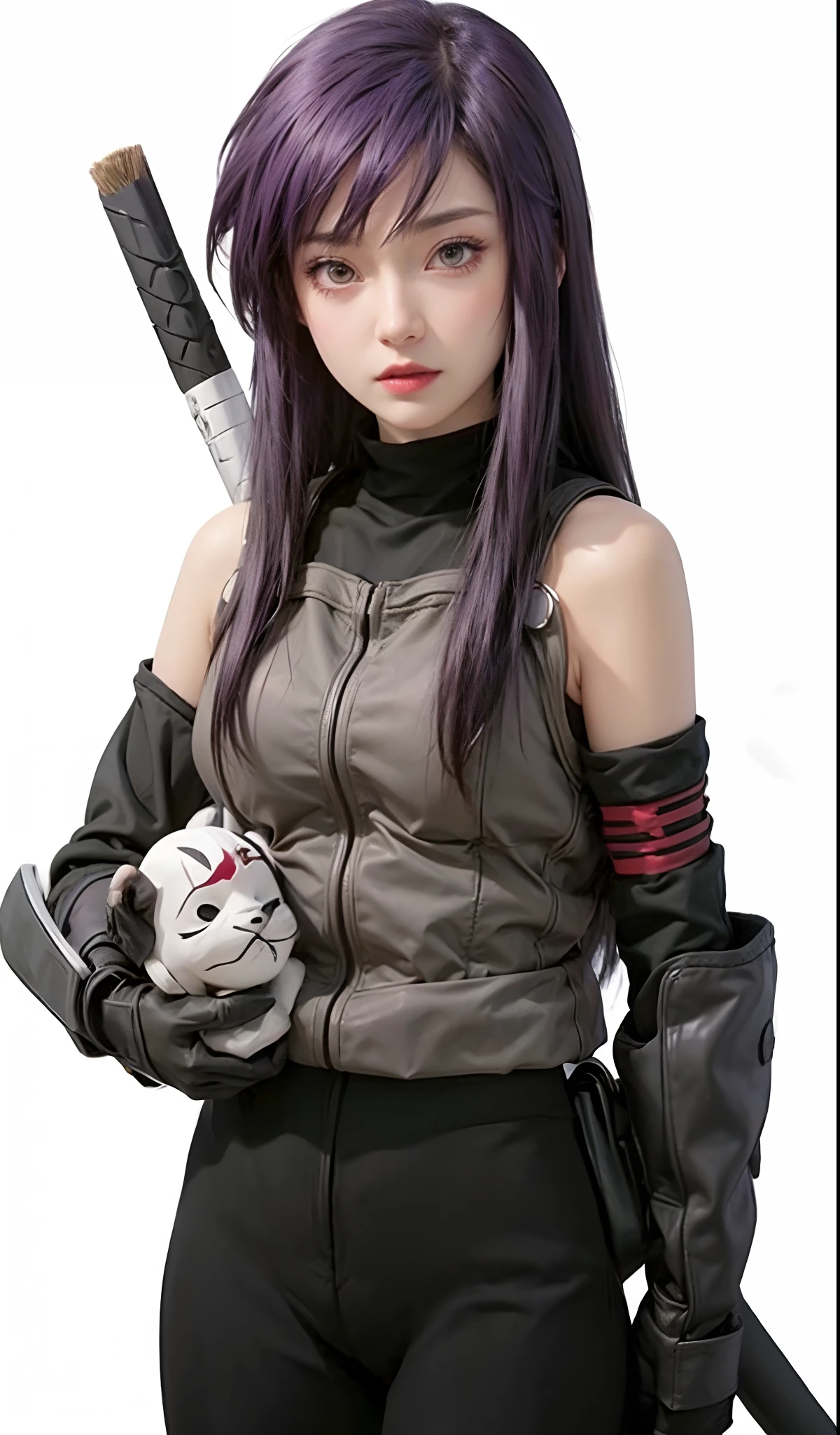 Prompts : masterpiece ,best quality , best quality perffeck , stage ,1girl , yuugao uzuki , from anime (Naruto ) , purple hair , hair ornament , ( symbol shaped ) , anbu konohagakure clothes , ( simple background ) , detail charakter , real anime , realistic , perffeck detail , face  high eyes , famele animerealistic , real potreit , standing  eyes , beautiful make up , detail outfit