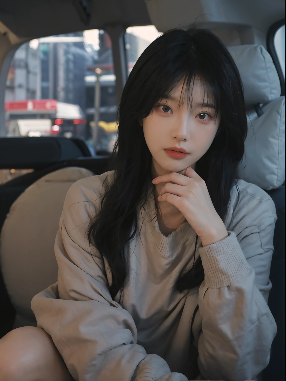 best qualtiy, 超高分辨率, (realisticlying:1.4), A woman with long black hair and a gray sweater, 中景 the scene is, she has red hair,By bangs, young lovely Korean faces, wan adorable korean face, ulzzangs, Shin Jinying, beautiful aesthetic face, Korean face features, Played by Liu Lee Ji Eun ,Beautiful realistic face