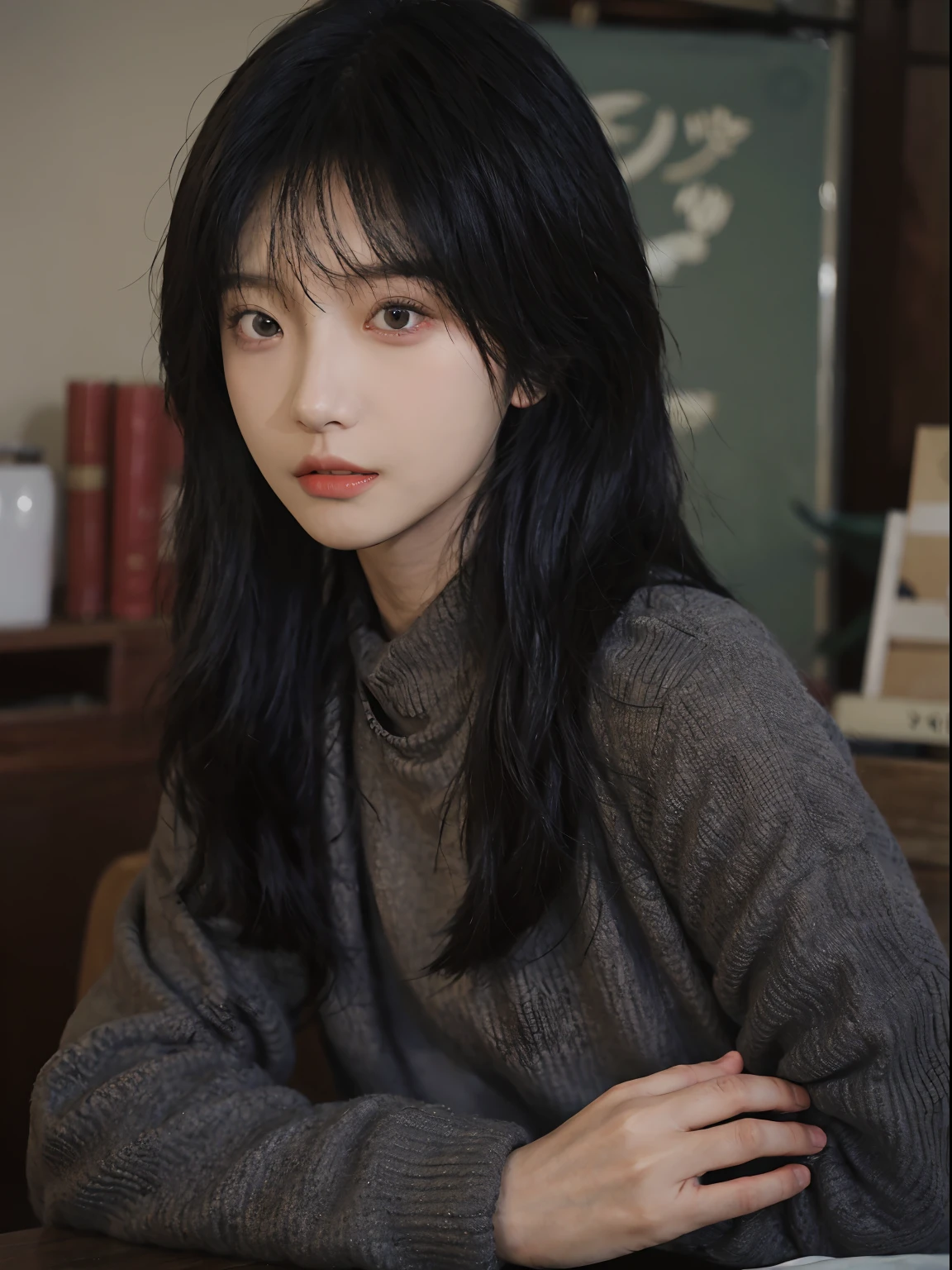 best qualtiy, 超高分辨率, (realisticlying:1.4), A woman with long black hair and a gray sweater, 中景 the scene is, she has red hair,By bangs, young lovely Korean faces, wan adorable korean face, ulzzangs, Shin Jinying, beautiful aesthetic face, Korean face features, Played by Liu Lee Ji Eun ,Beautiful realistic face