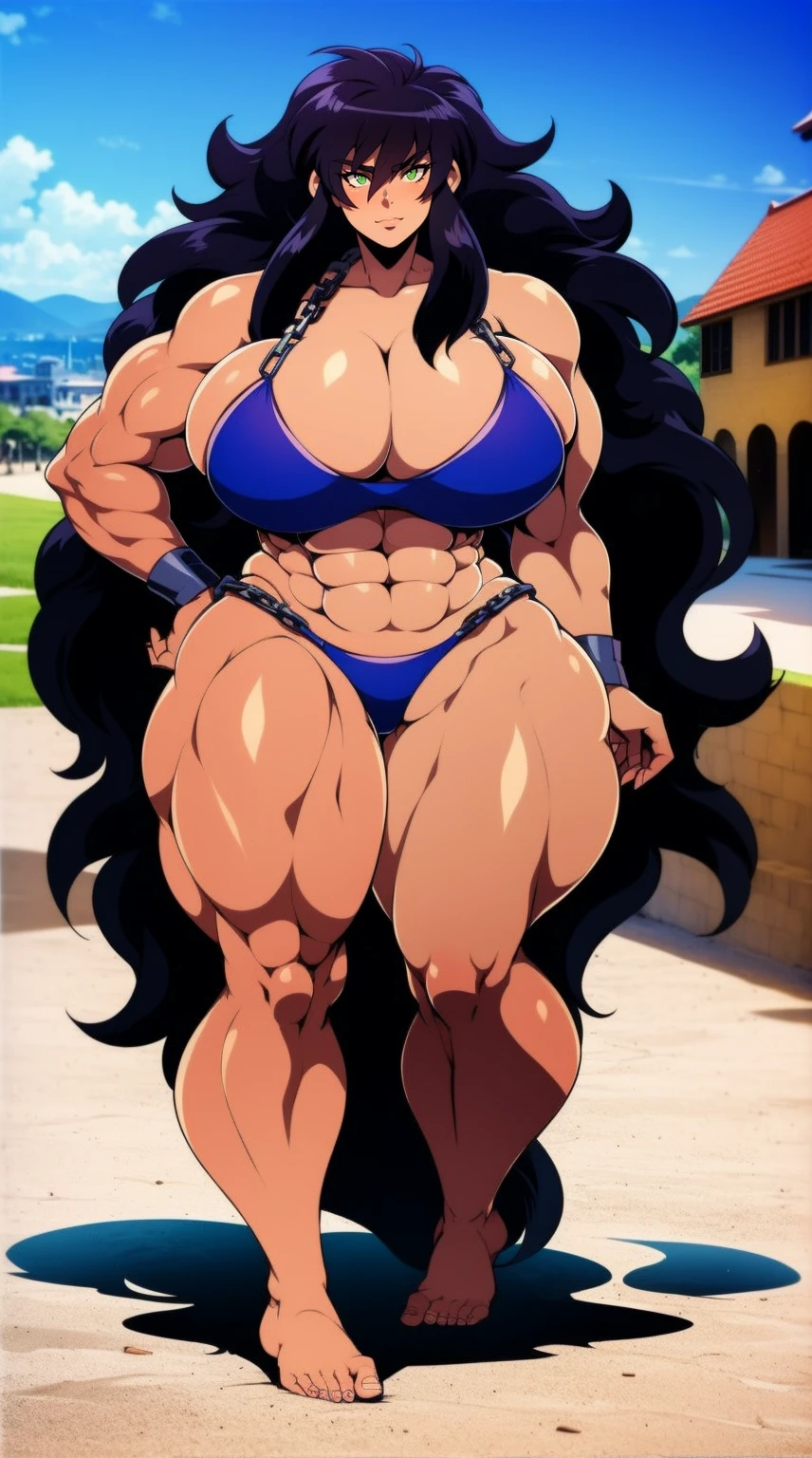 bikini, muscle girl, huge breast, long hair, tomboy, chains, medieval city, full body,feet