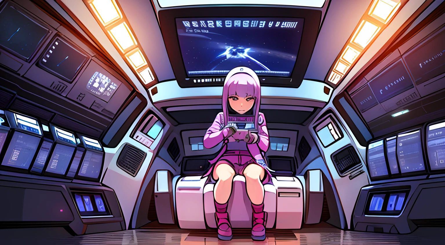 Woman on space station with spaceship in background, portrait anime space cadet girl, girl in space, Cosmic Molly, A powerful woman, sitting in space, in a space station, In a spaceship, Android Heroine, Fully suitable for indoor applications, Queen of the Galaxy, in the cockpit of a spacecraft, in a space station, in space, On a spaceship