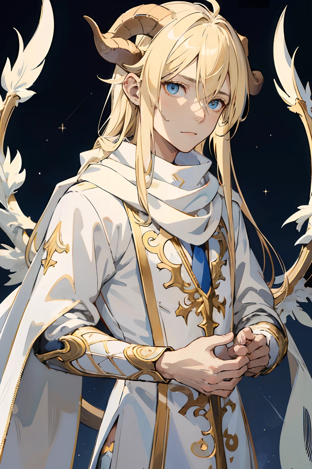 masterpiece, best quality, Cherub boy, eyes goat, with goat ears and horns, Messy anime middle long part hair, Blonde boy, emotionless face, White royal knight golden clothing, White winter scarf, Wings, Stars Aura.
