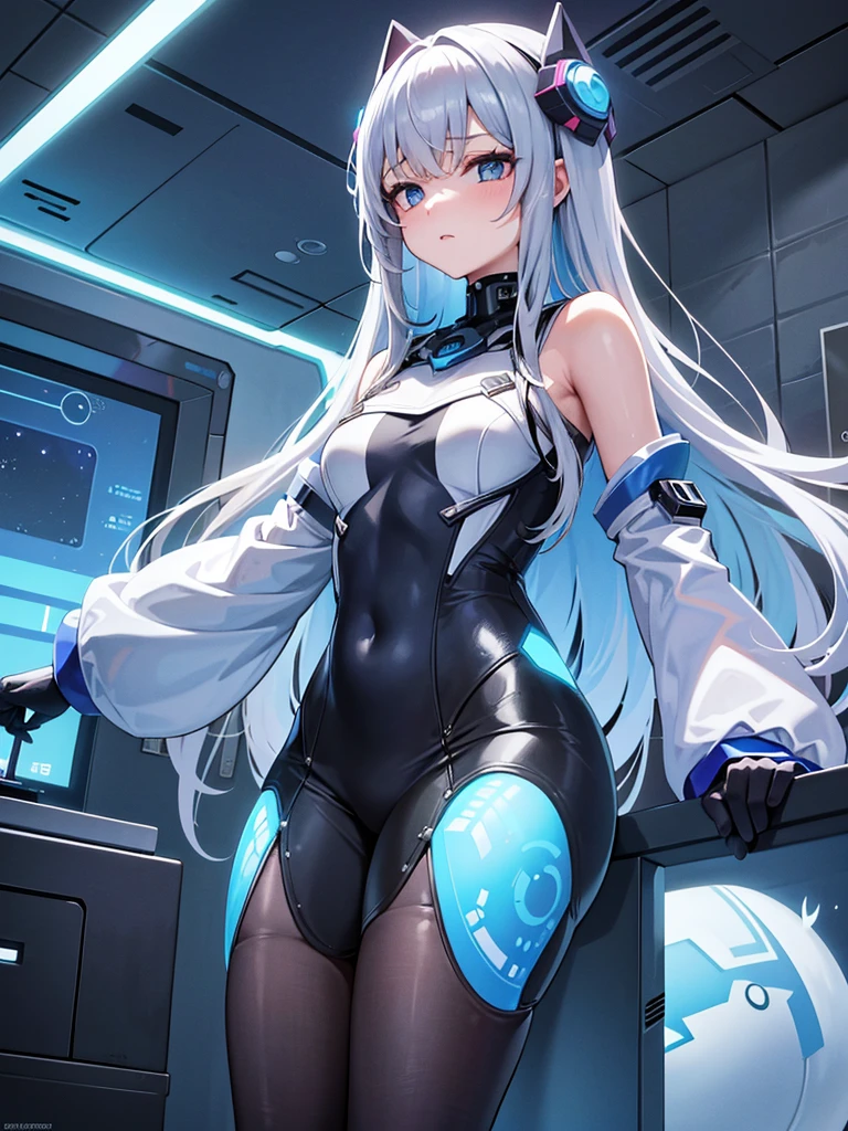 Translucent Ether Machine Girl，Futuristic Girl，Mechanical joints，Future City Background Best Quality、Android Girl、（Nipples）、Stretch your legs and strike a pose、Expressionless、nsfw