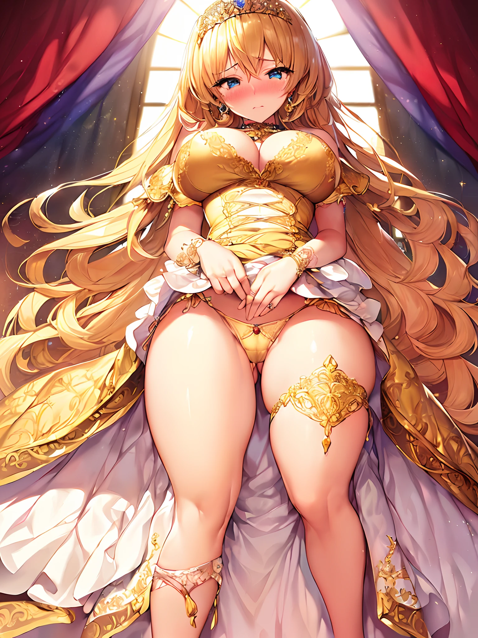 ((Anime Art Style)),(masutepiece),(Best Quality), (Super Detail),((Very delicate and beautiful)),(((Solo))),(Beautiful embroidery and jewelry、One princess in a gorgeous rococo ball gown dress with voluminous full-length hoop skirts and tuck-up skirts)),Royal Bedroom,(((Dress skirt lift yourself))),((((Golden panties with gorgeous embroidery and jewelry lace,)))),Garter Belt,Focus Panties,((bling bling)),Long Train,(Glitter Gorgeous Gemstone Jewelry),Detailed face and eyes,Eyes Like Gems,cry,((embarrassed)),((Large amount of straight hair,Very voluminous、Very long hair,Very long straight hair)),(((Colossal tits,Long Boobs))),cleavage,(gorgeous embroidery and lace),Gorgeous corsage,See-through,Very gorgeous hair ornament,Tiara adorned with glitter and very gorgeous jewels,ornate ruffles,(hoop skirt,crinoline),((Angle from below)),Looking at Viewer,((Full body)),((Very gorgeous rococo ball gown dress with beautiful embroidery and jewels and voluminous full-length hoop skirt、I'm、masturbation、((((((((Thigh opening)))))))))),