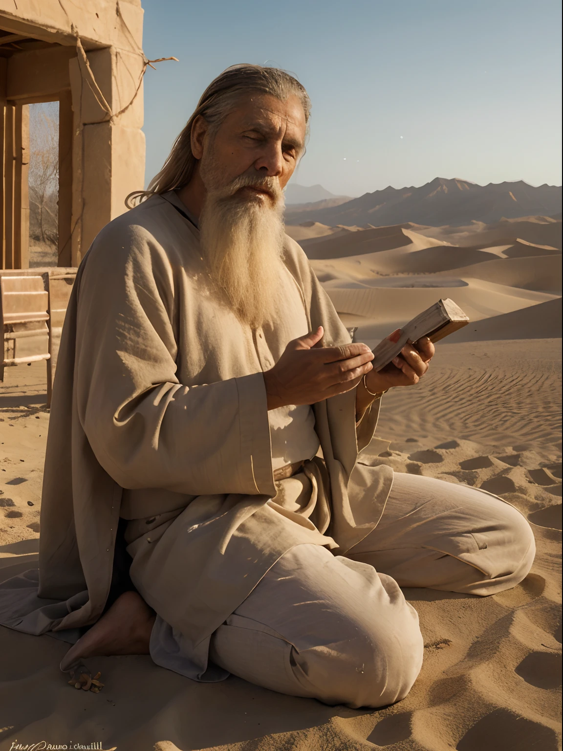 (best quality,4k,8k,highres,masterpiece:1.2),ultra-detailed,(realistic,photorealistic,photo-realistic:1.37),detailed ancient biblical times,desert scenery,old man sitting on ashes,holy scriptures in his hands,hazy sunrise,soft golden light,oasis in the background,majestic sand dunes,mirage in the distance,authentic Middle Eastern costumes and accessories,weathered face with long white beard,wisdom and sorrow in his eyes,sands blowing in the wind,dust particles floating in the air,distant stars shining in the clear sky,silence and solitude,ancient ruins nearby,remnants of a forgotten civilization,peaceful serenity in the vast desert,pristine simplicity,arid climate and dry heat,soothing warm tones,whispers of a forgotten prophecy,layers of history etched on the man's face,timeless spiritual connection with the land,harmony between man and nature,mysterious ancient wisdom unveiled in the sands,quiet contemplation in the hallowed desert.