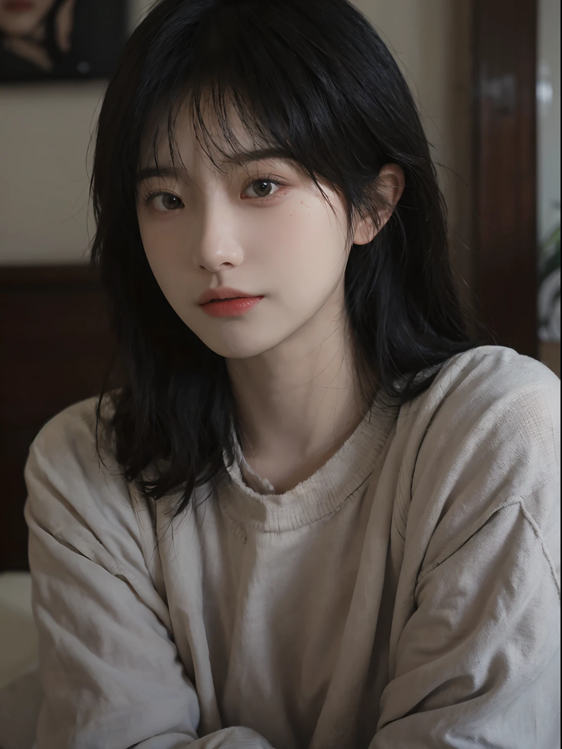 best qualtiy, 超高分辨率, (realisticlying:1.4), A woman with long black hair and a gray sweater, 中景 the scene is, She has black hair,By bangs, young lovely Korean faces, wan adorable korean face, ulzzangs, Shin Jinying, beautiful aesthetic face, Korean face features, Played by Liu Lee Ji Eun ,Beautiful realistic face