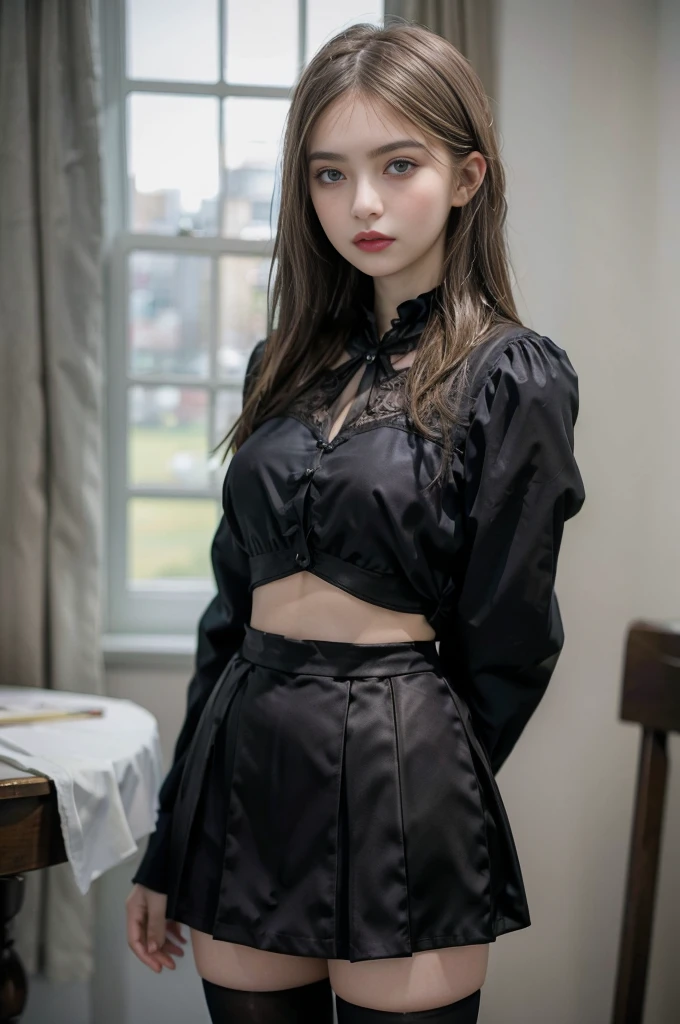 portrait of a cute girl, blonde, grey eyes, 25 years old, gothic clothes, (subdued moonlight, backlighting, blurred night city landscape behind the window:1.1), 8k, extremely detailed face and eyes, emotionless face, (pale skin, gothic make-up:1.15), black_legwear, medium_breasts, navel, skirt, standing, thighhighs, rating:safe