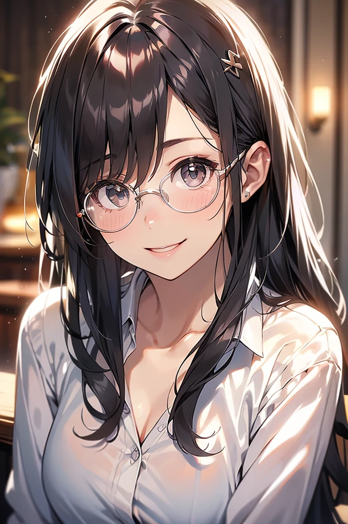 close up shot of woman with glasses and a white shirt, posing for a picture, smiling for camera, with glasses, pretty smile, beautiful long hair, kawaii realistic portrait, high quality portrait