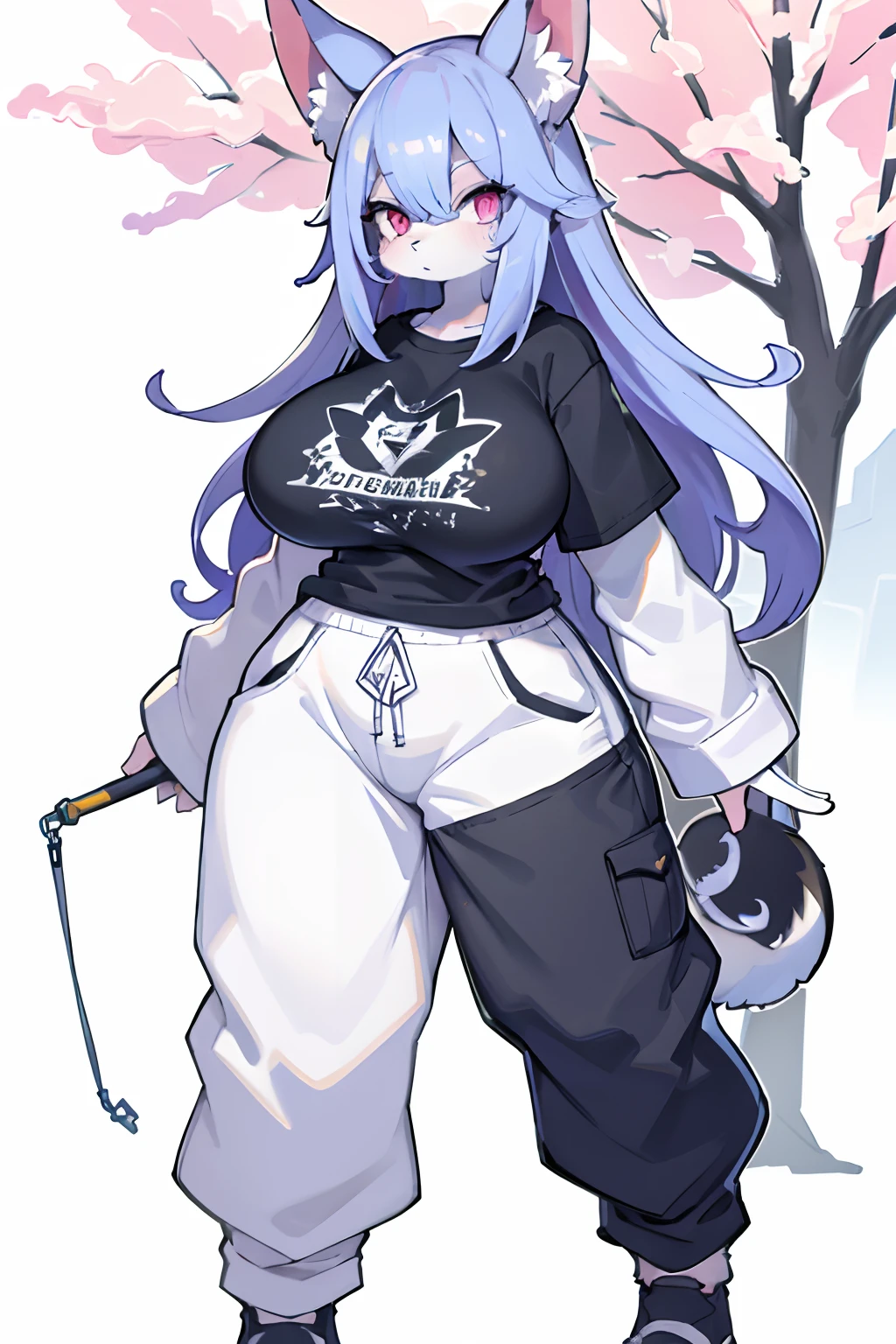 Therian, white skin, rainbow hair, pink eyes, massive tits, full body image, wearing a baggy tee shirt and sweatpants