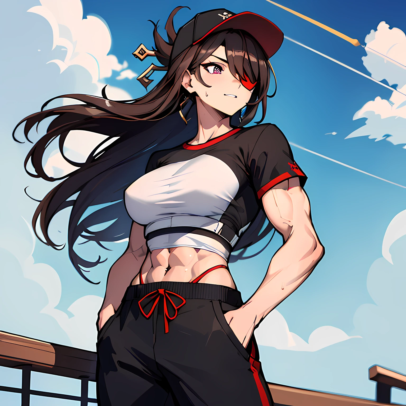 (absurdres, 8k, 4k, masterpiece, hyper extreme detailed:1.2), solo, 1girl, front view portrait, best quality, expressive eyes, perfect face, 1girl, portrait, solo, Female, mature female, adult, brown hair, eyepatch, long hair, pirate, cool, confident, perfect anatomy, messy hair, wild hair, day time, blue sky, cowboy shot, full body, perfect anatomy, flowing hair, windy hair, wind, beidoudef, beidournd, streetwear, baseball cap, t-shirt, front view, looking forward, toned body, muscular, athletic, flexible, strong, large bust, sweatpants, hands in pockets,