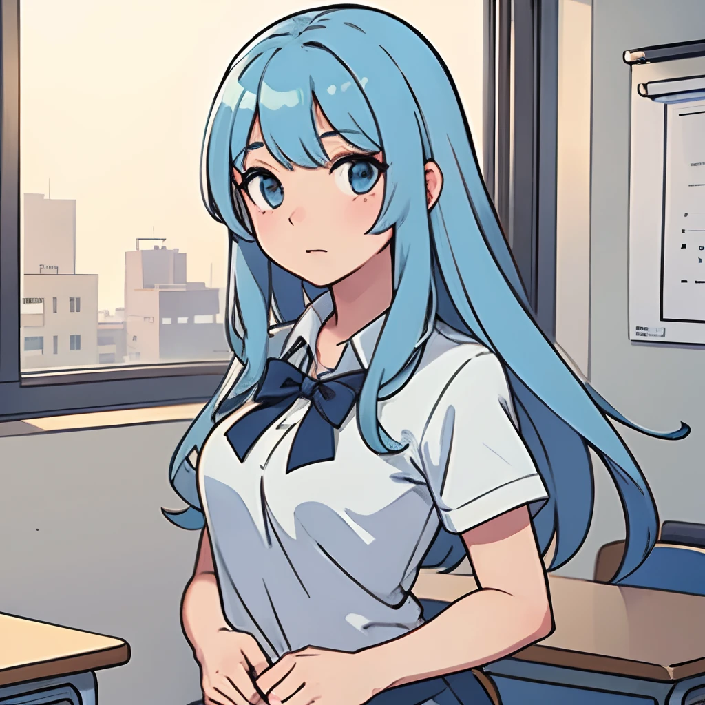 Girl with long light blue hair at school in class, teenager, medium sized breast