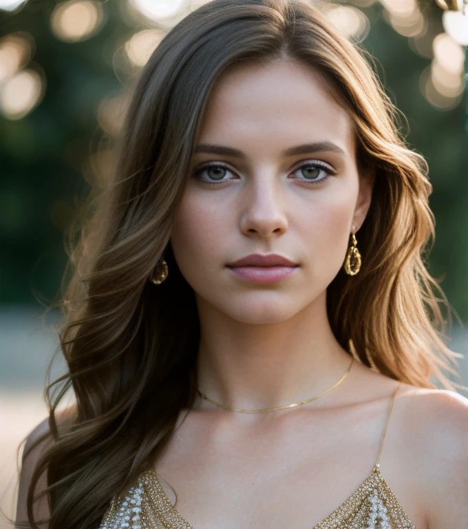 (masterpiece, best quality, high resolution:1.4), 1girl, skin pores texture, Hair wavy extra long brown HD , Photography, movie, cinematic, half Body, Realistic, (8k, RAW photo, masterpiece:1.2), (realistic, photo-realistic:1.33),detailed eyes blue, natural lighting, depth of field, film grain, wrinkled skin, sharp, (freckles:0.5) , outside, wearing elegant outfit with gold jewels, staring at camera, chapped lips, soft natural lighting, fashion photography, magical photography, dramatic lighting, photo realism, ultra-detailed, intimate composition, Leica 50mm,