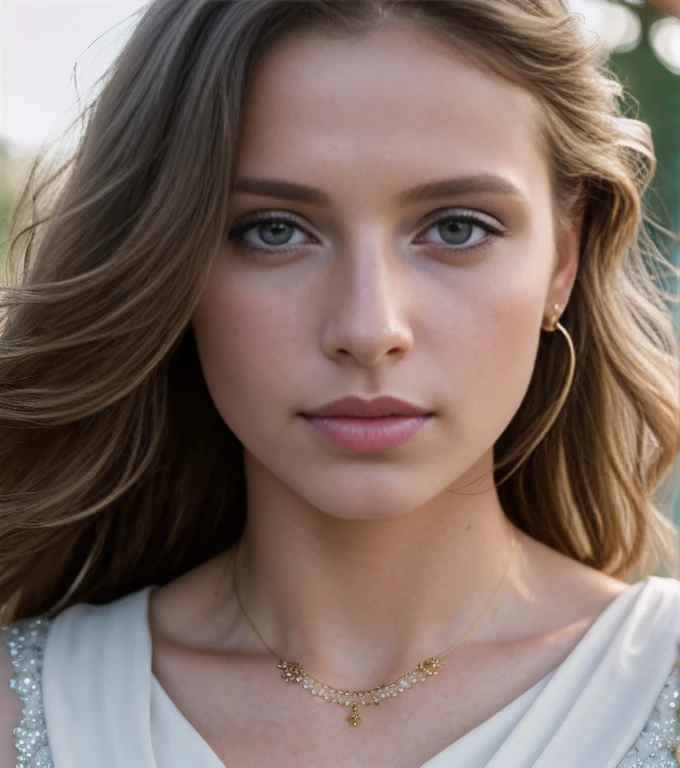 (masterpiece, best quality, high resolution:1.4), 1girl, skin pores texture, Hair wavy extra long brown HD , Photography, movie, cinematic, half Body, Realistic, (8k, RAW photo, masterpiece:1.2), (realistic, photo-realistic:1.33),detailed eyes blue, natural lighting, depth of field, film grain, wrinkled skin, sharp, (freckles:0.5) , outside, wearing elegant outfit with gold jewels, staring at camera, chapped lips, soft natural lighting, fashion photography, magical photography, dramatic lighting, photo realism, ultra-detailed, intimate composition, Leica 50mm,