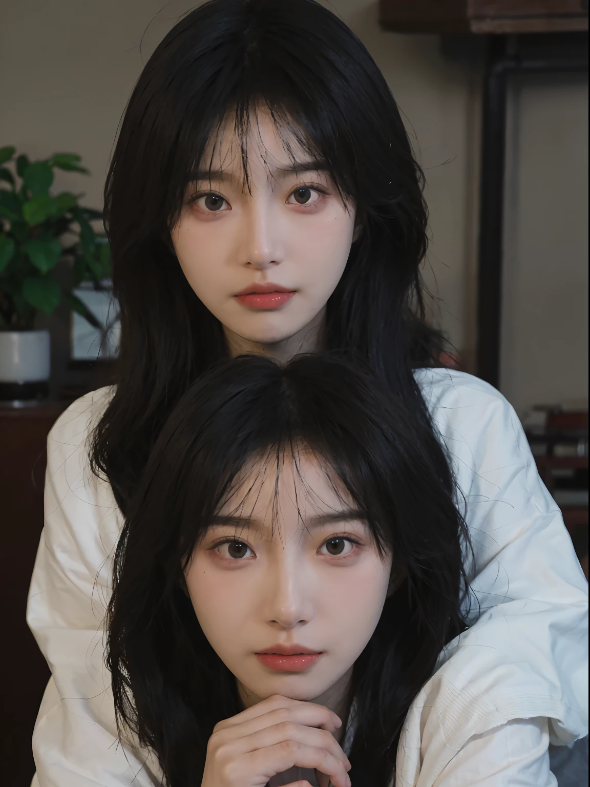 best qualtiy, 超高分辨率, (realisticlying:1.4), A woman with long black hair and a gray sweater, 中景 the scene is, She has black hair,By bangs, young lovely Korean faces, wan adorable korean face, ulzzangs, Shin Jinying, beautiful aesthetic face, Korean face features, Played by Liu Lee Ji Eun ,Beautiful realistic face