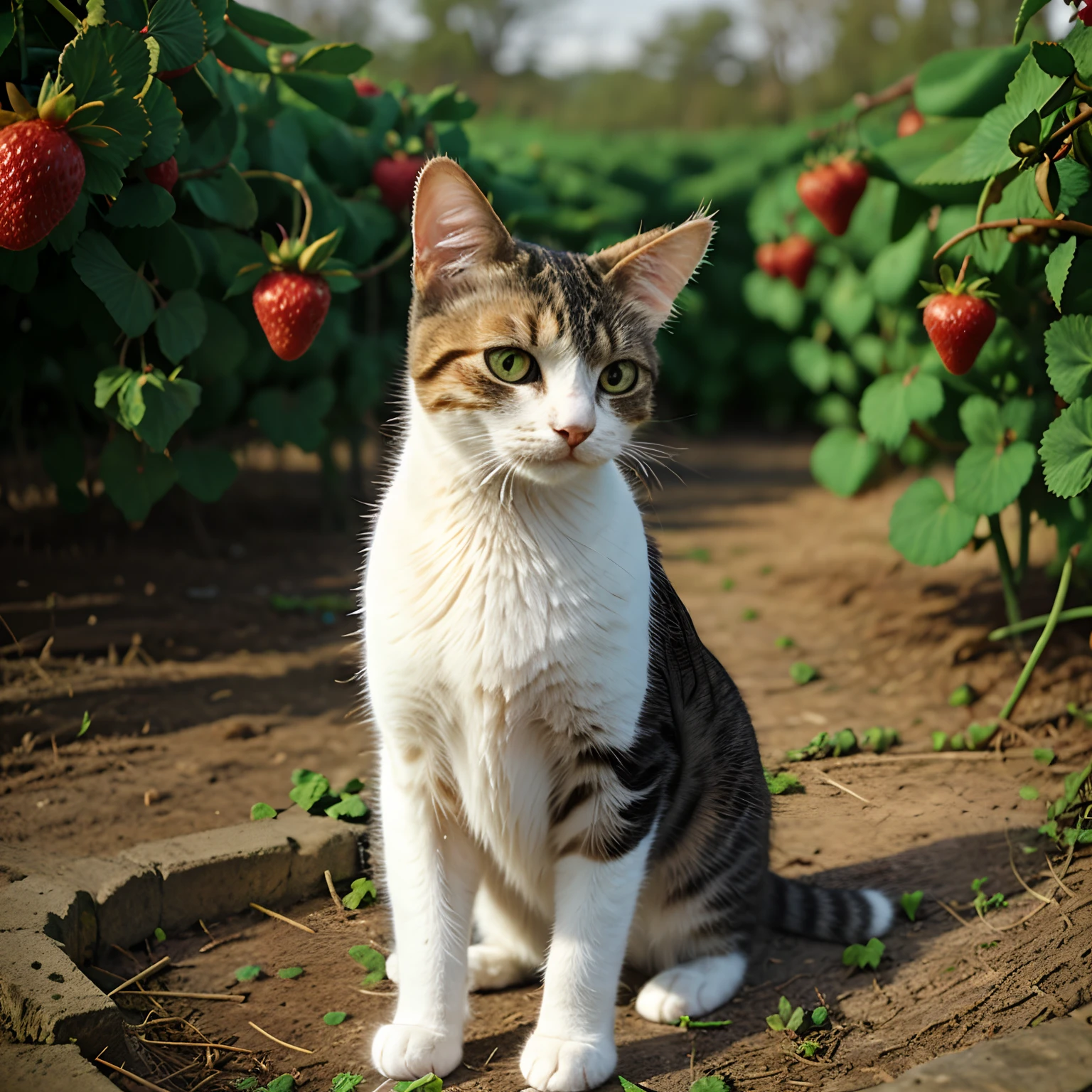 Cat sitting in strawberry field making eye contact.