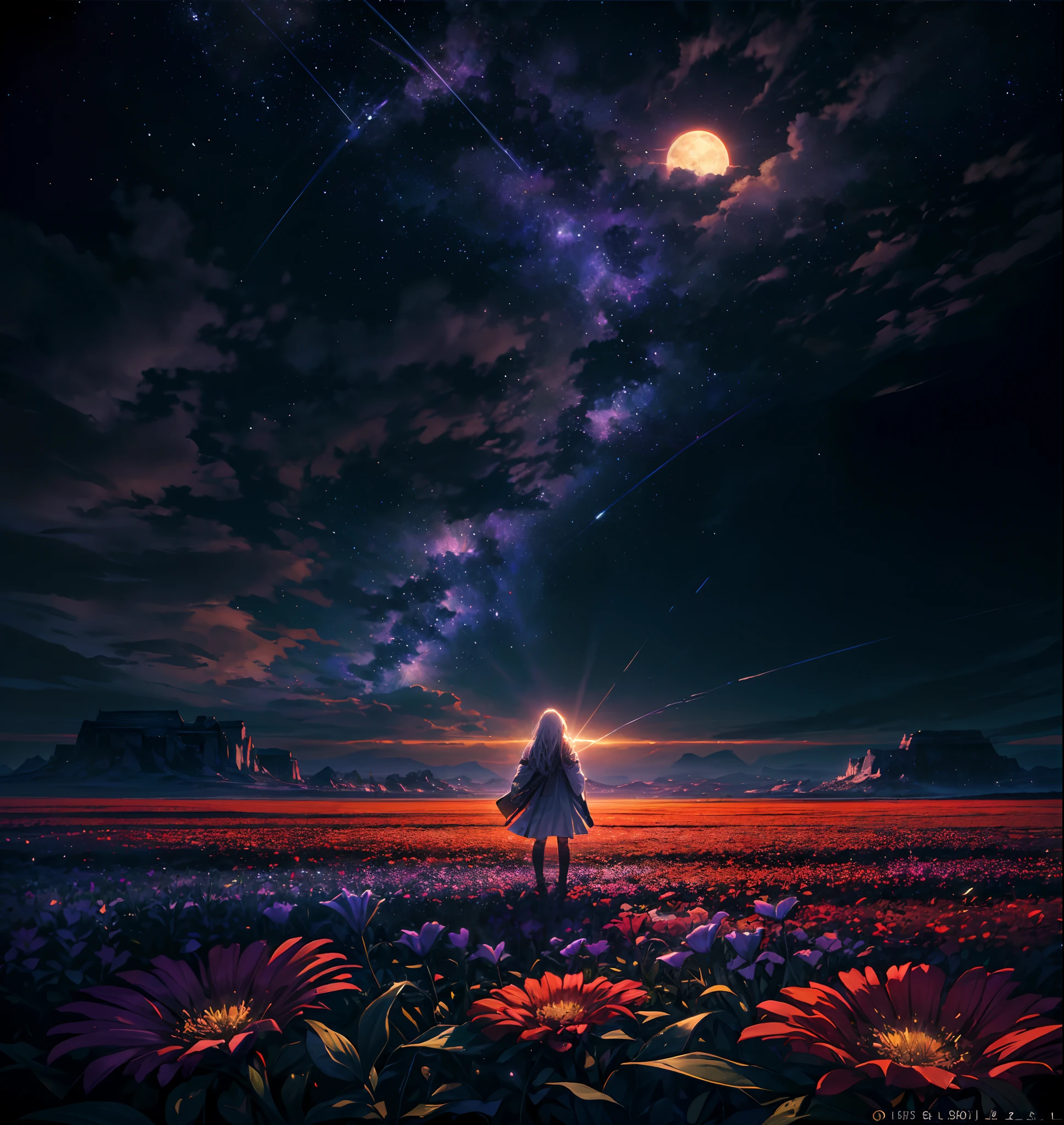 expansive landscape photography, (a bottom view showing the sky above and open country below), a girl standing in a field of flowers looking up, (full moon: 1.2), (shooting stars: 0.9), (nebula : 1.3), distant mountain, BREAK tree production art, (warm light source: 1.2), (Firefly: 1.2), lamp, lots of purple and orange, intricate details, volumetric lighting, BREAK realism (masterpiece: 1.2) , (best quality), 4k, ultra-detailed, (dynamic compositing: 1.4), highly detailed, colorful details, (iridescent colors: 1.2), (bright lighting, atmospheric lighting), dreamy, magical, (solo: 1.2)