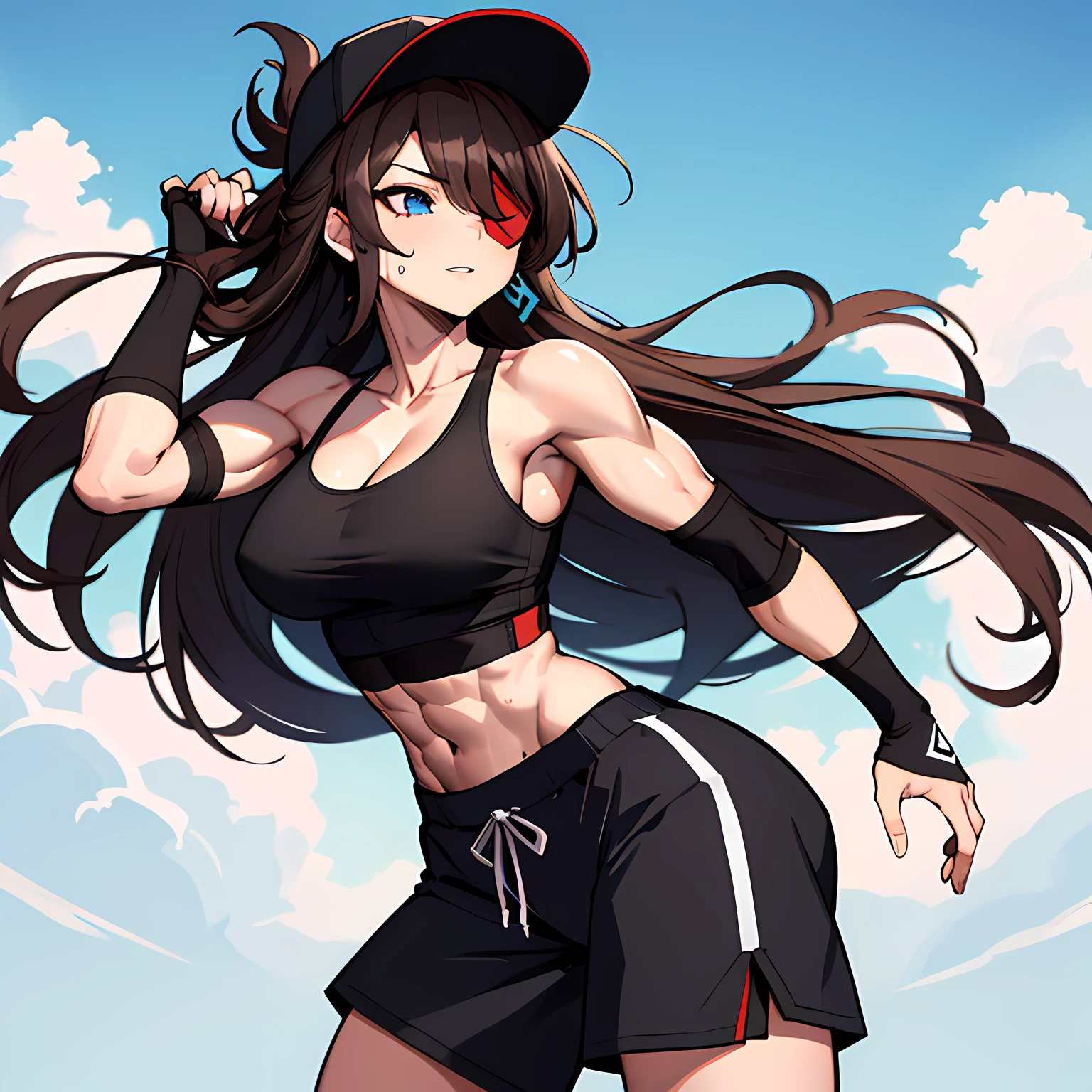 (absurdres, 8k, 4k, masterpiece, hyper extreme detailed:1.2), solo, 1girl, front view portrait, best quality, expressive eyes, perfect face, 1girl, portrait, solo, Female, mature female, adult, brown hair, eyepatch, long hair, pirate, cool, confident, perfect anatomy, messy hair, wild hair, day time, blue sky, cowboy shot, full body, perfect anatomy, flowing hair, windy hair, wind, beidoudef, beidournd, streetwear, baseball cap, tank top, front view, looking forward, toned body, muscular, athletic, flexible, strong, large bust, sweatpants, thighs, arm sleeves,