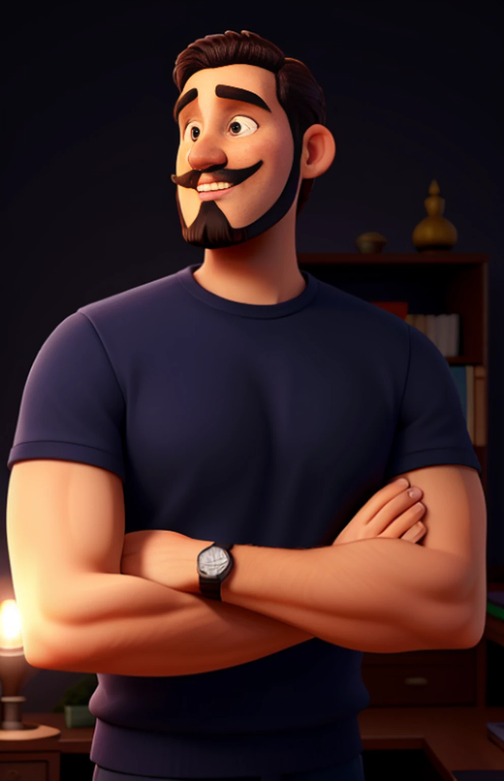 um homem de 30 anos, wise, na frente sorrindo, com uma barba e bigode ralo, and watch on the wrist, illuminated by the light of a lamp, contra o pano de fundo de uma biblioteca pessoal, inspirador em transformar a vida de pessoas, olhar centrado e pele morena.