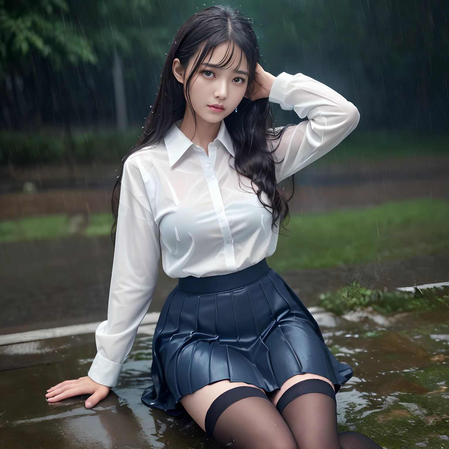 ((Best Quality, masutepiece, 超A high resolution、The most complex and detailed depictions)),1 schoolgirl、((Uniforms covered in water all over the body))、((Alone in the city))、((Sit upright on the ground、Sit with your feet on the ground))、face that seems to cry、terrified expression、((The most realistic rain and water droplets))、((One giant lightning bolt))、((Very heavy rain))、((Ōlan))、(((The whole body is drenched)))、Fallen trees and debris in the background、((Wet white uniform shirt))、((I'm unbelievably soaked))、((Real rain))、The perfect texture of a wet shirt、((Very intense realistic rain))、The perfect texture for wet hair、((Drenched hair))、Wet hair sticks to the face、((very wet hair))、((wet and disheveled hair))、((Uniforms soaked all over the body))、The skin is faintly visible from the top of the clothes、Wet and see-through skin、((Perfect texture down to the smallest detail of wet clothes))、Countless water droplets adhere to the body、((Underwear that can be seen through the top of clothes))、((Perfectly expresses the texture of drenched hair))、Wet and shiny hair、((Wearing a dark blue wet skirt))、it is raining heavily、((Very complex and realistic lightning))、a dark night、feeling of despair、perfect anatomia、Looking at the camera、She looks up at me、Sad face、Face of fear、Looks cold、The Extreme Look of Fear、Lightning flashes、drenching、Ōlan